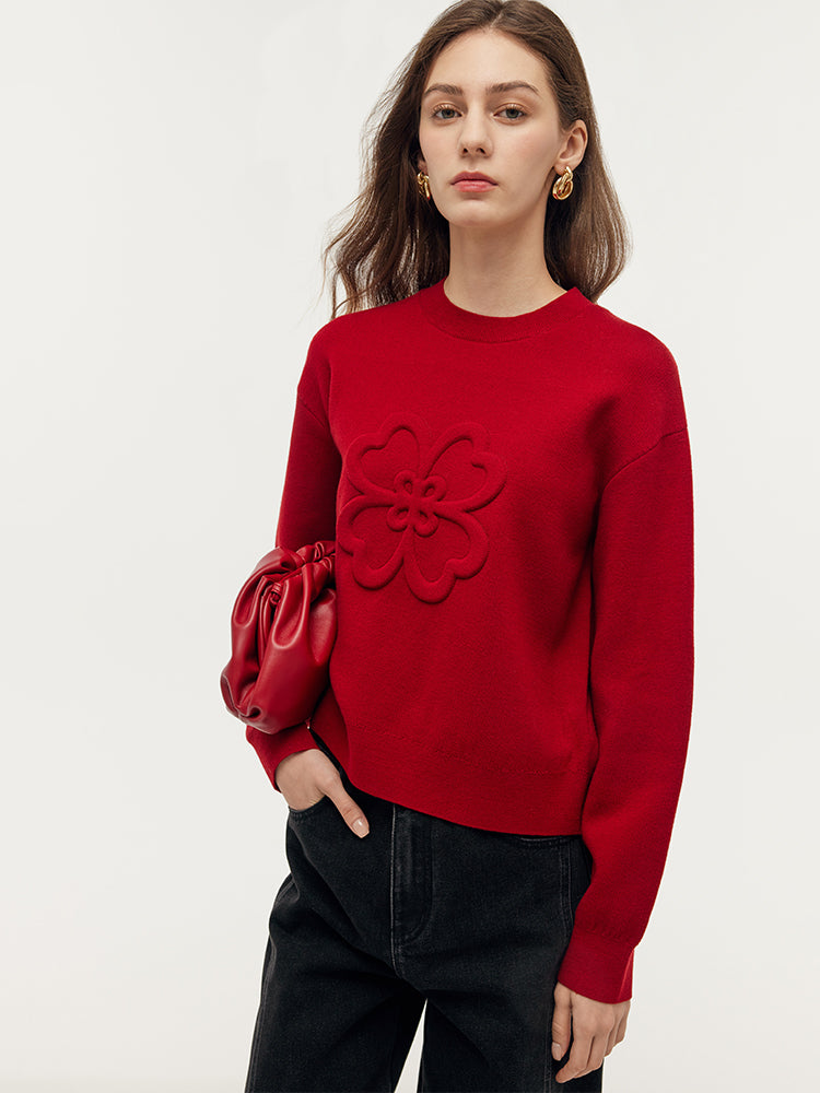 Tencel Wool Blend Four-Leaf Clover Embossed Women Sweater