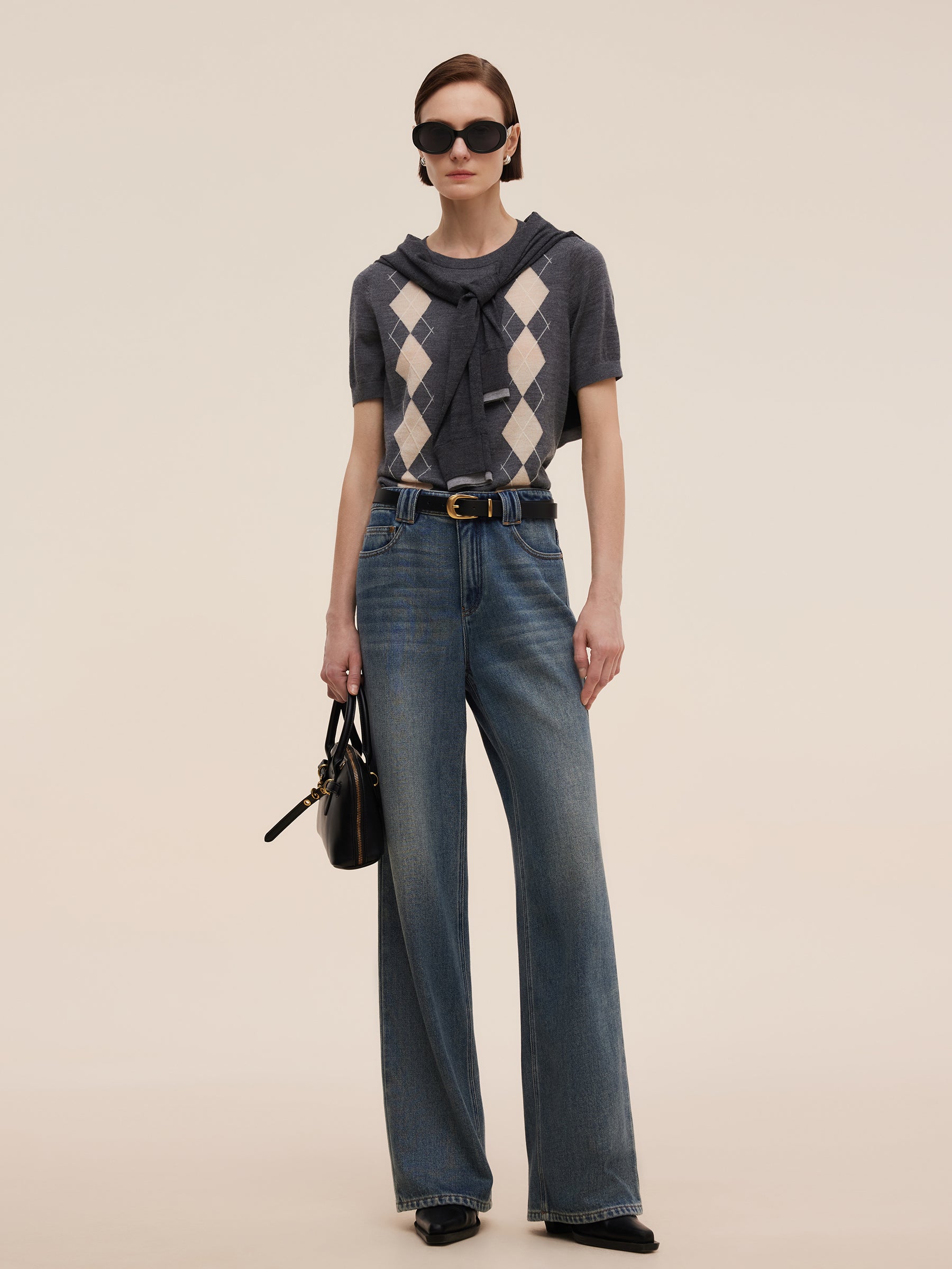 100% Machine Washable Wool Argyle Women Knit Top