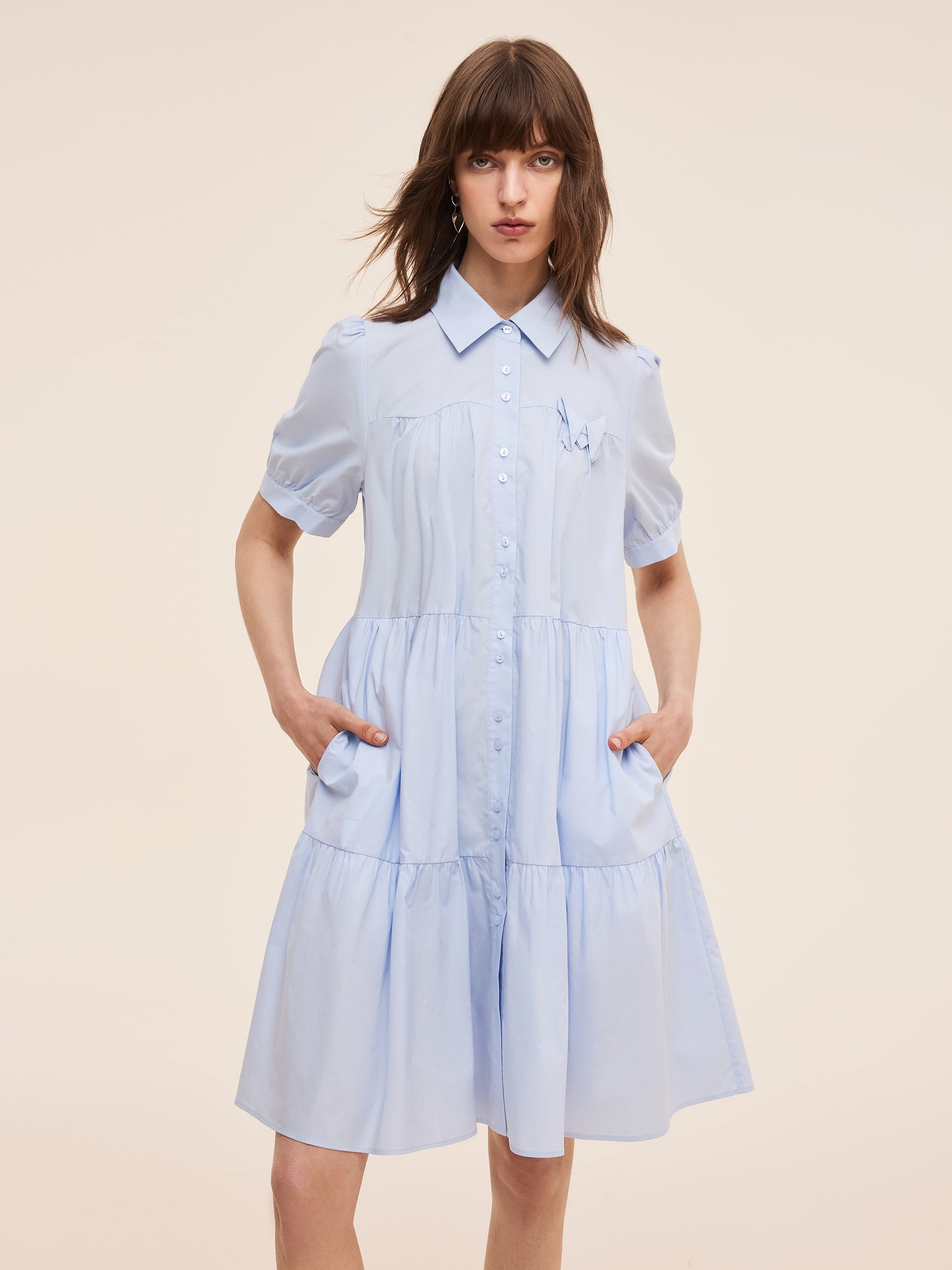 100% Cotton Women Puff Sleeve Mini Dress With Ribbon