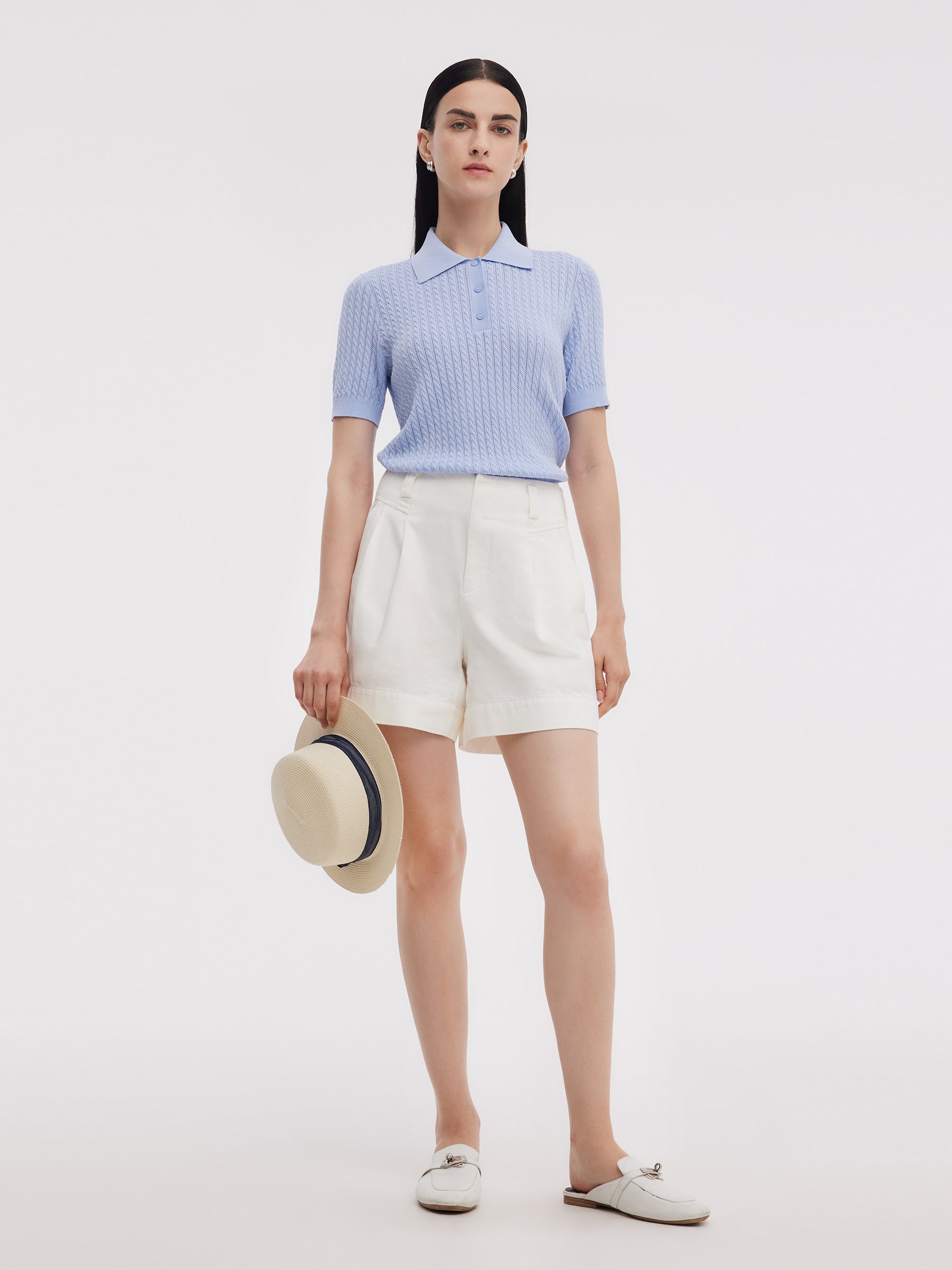 Tencel Blend Openwork Women Knit Polo Top