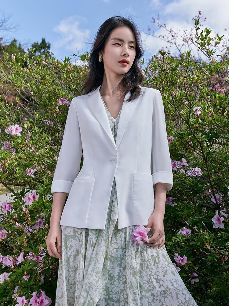 White Triacetate Three Quarter Sleeve Slim Women Blazer