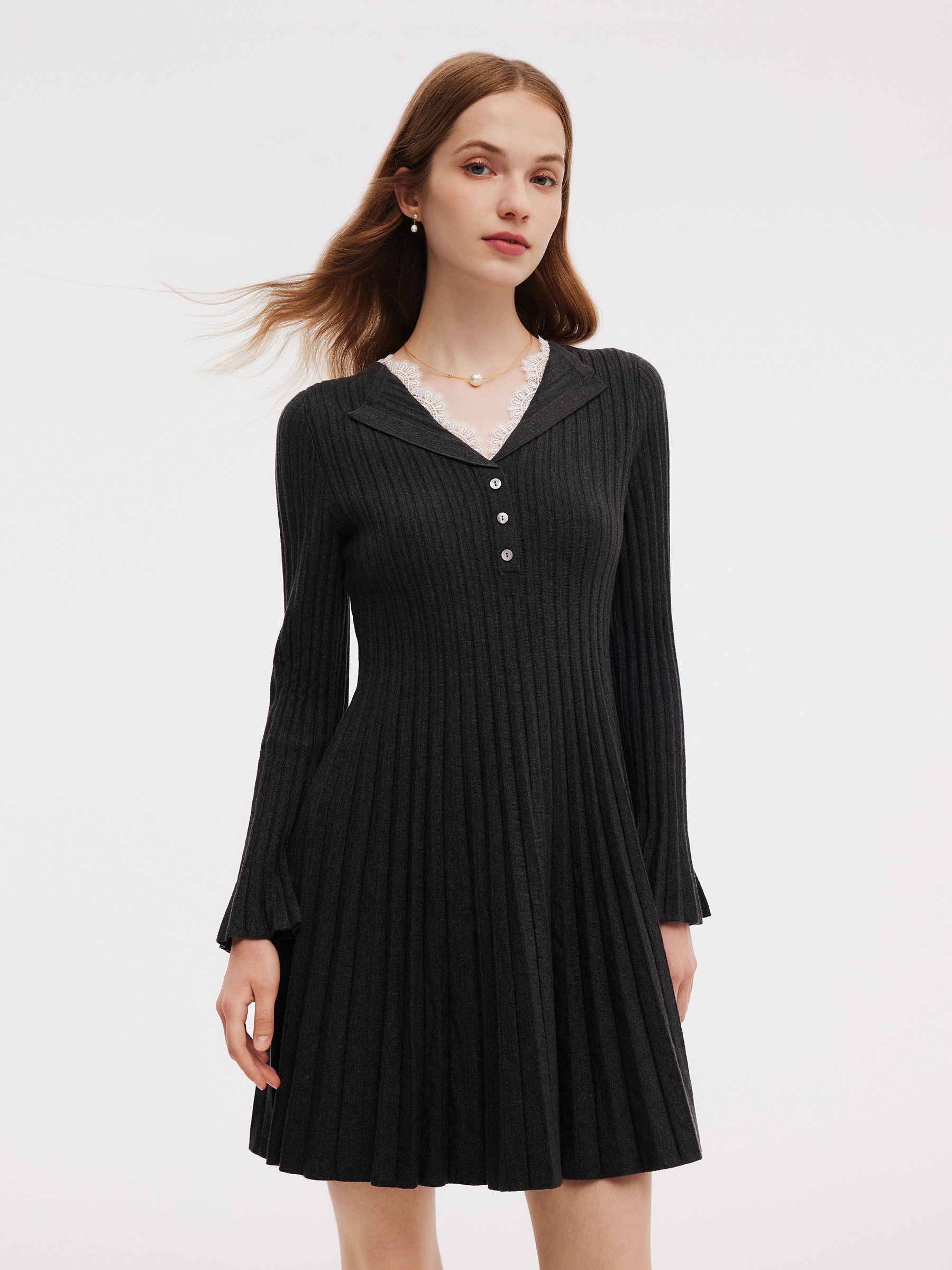 Lyocell Blend Faux Two-Piece Women Pleated Knit Mini Dress