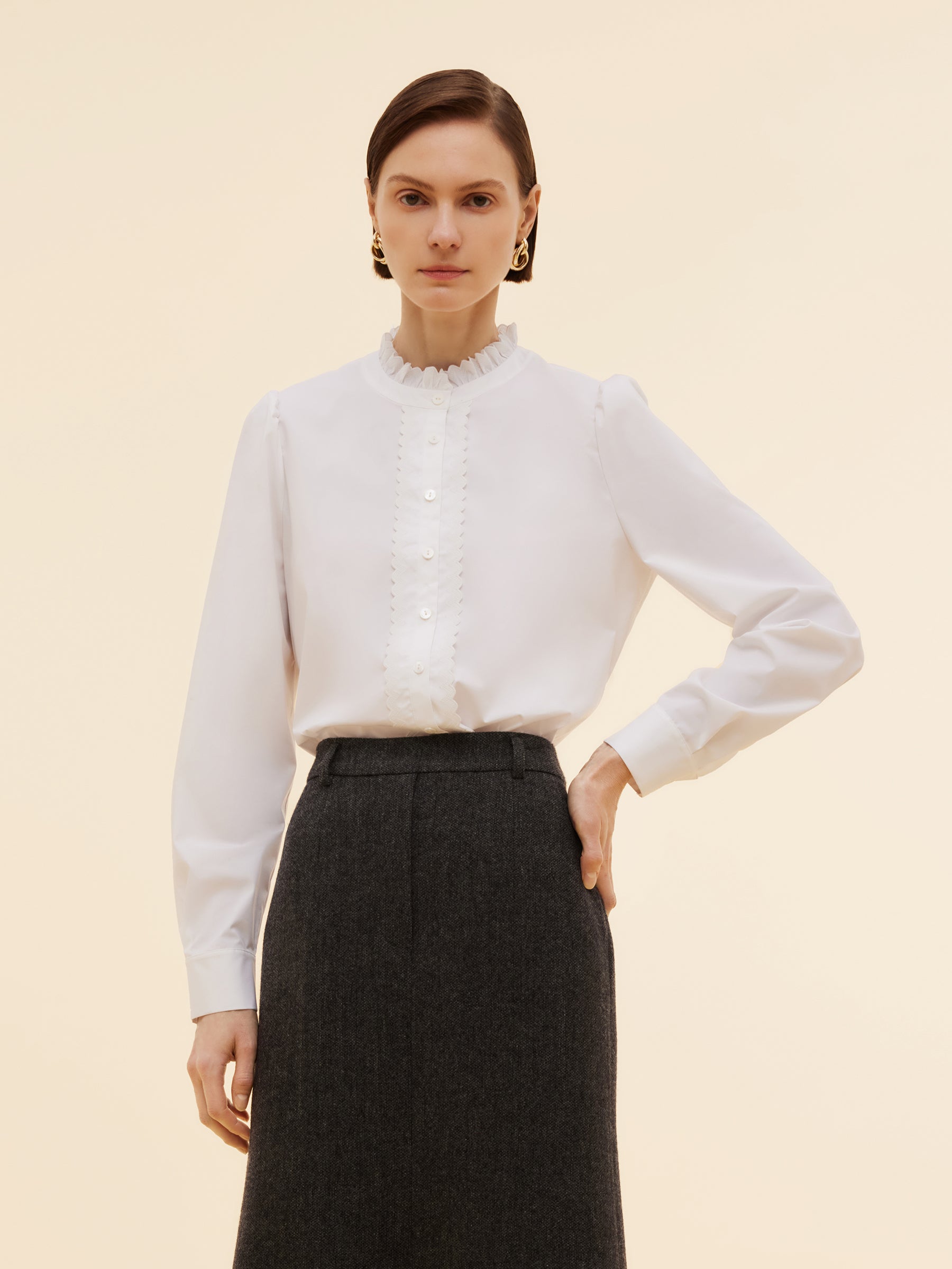 Ruffle Collar Embroidered Placket Women Shirt