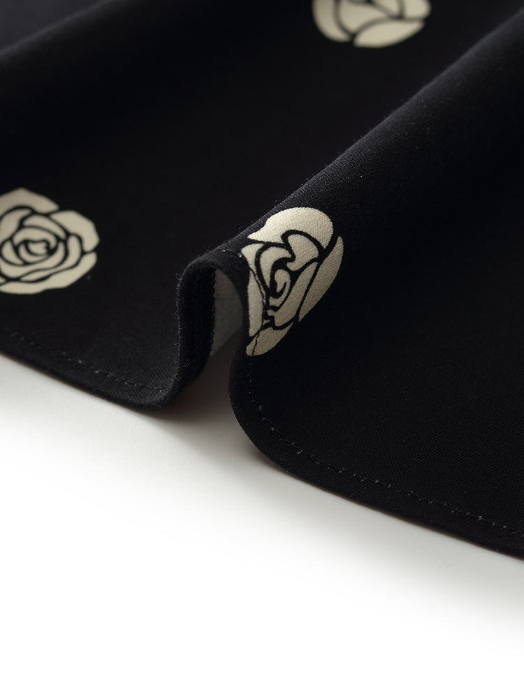 Rose Print Puff Sleeves Women Qipao Mini Dress