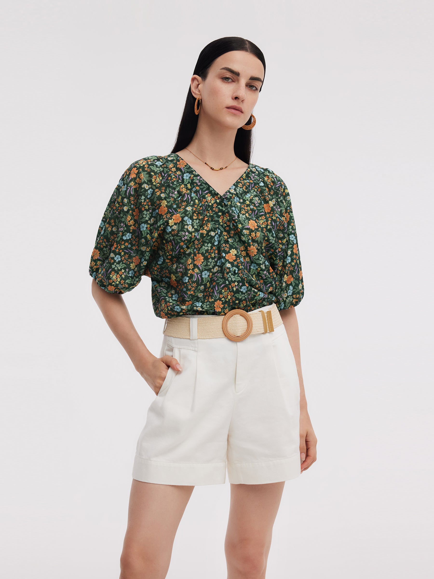 Tencel Blend Floral Print Women V-Neck Blouse