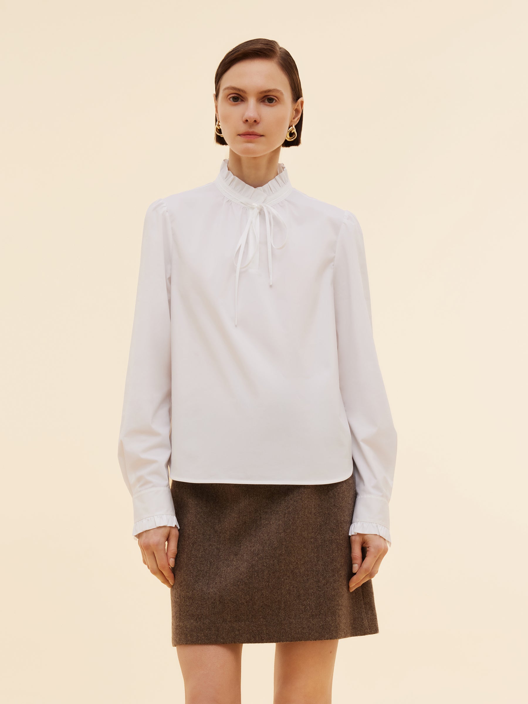 Ruffle Neckline Women Puff Long Sleeve Blouse