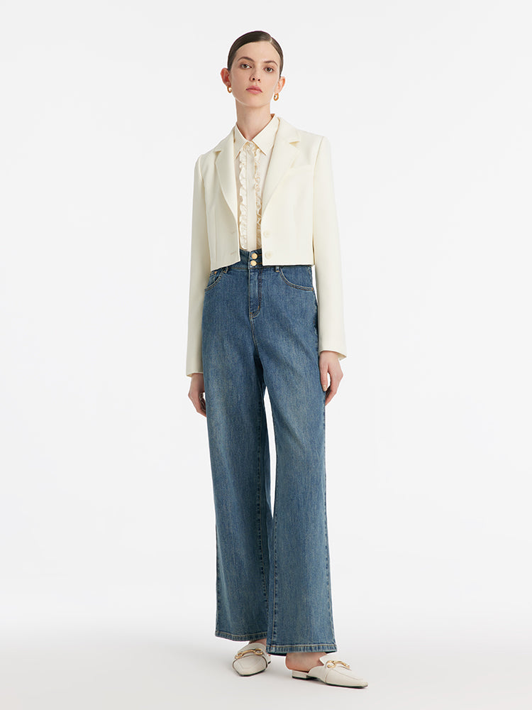 Worsted Wool Lapel Women Crop Blazer