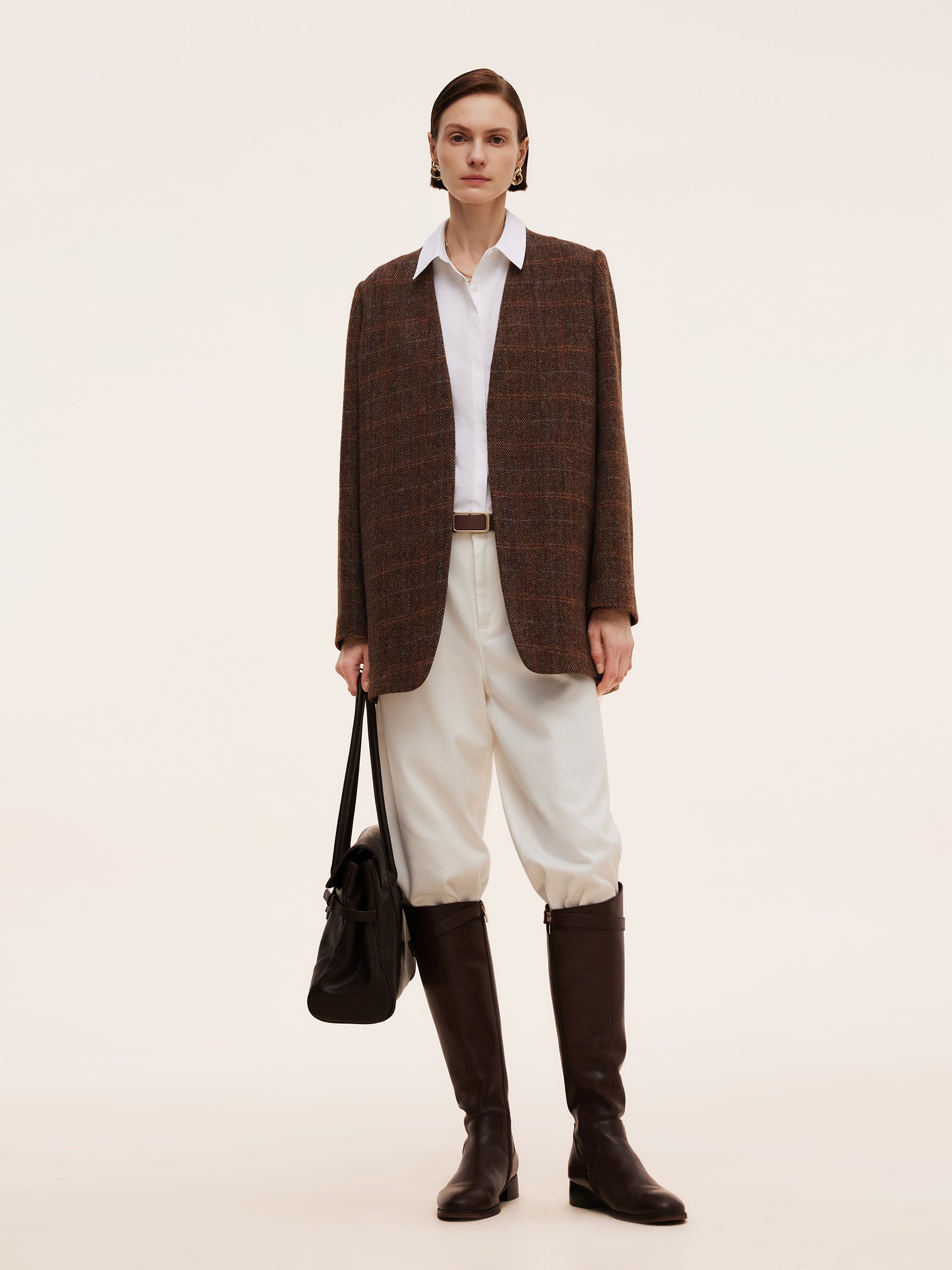 100% Wool Plaid Collarless Women Blazer