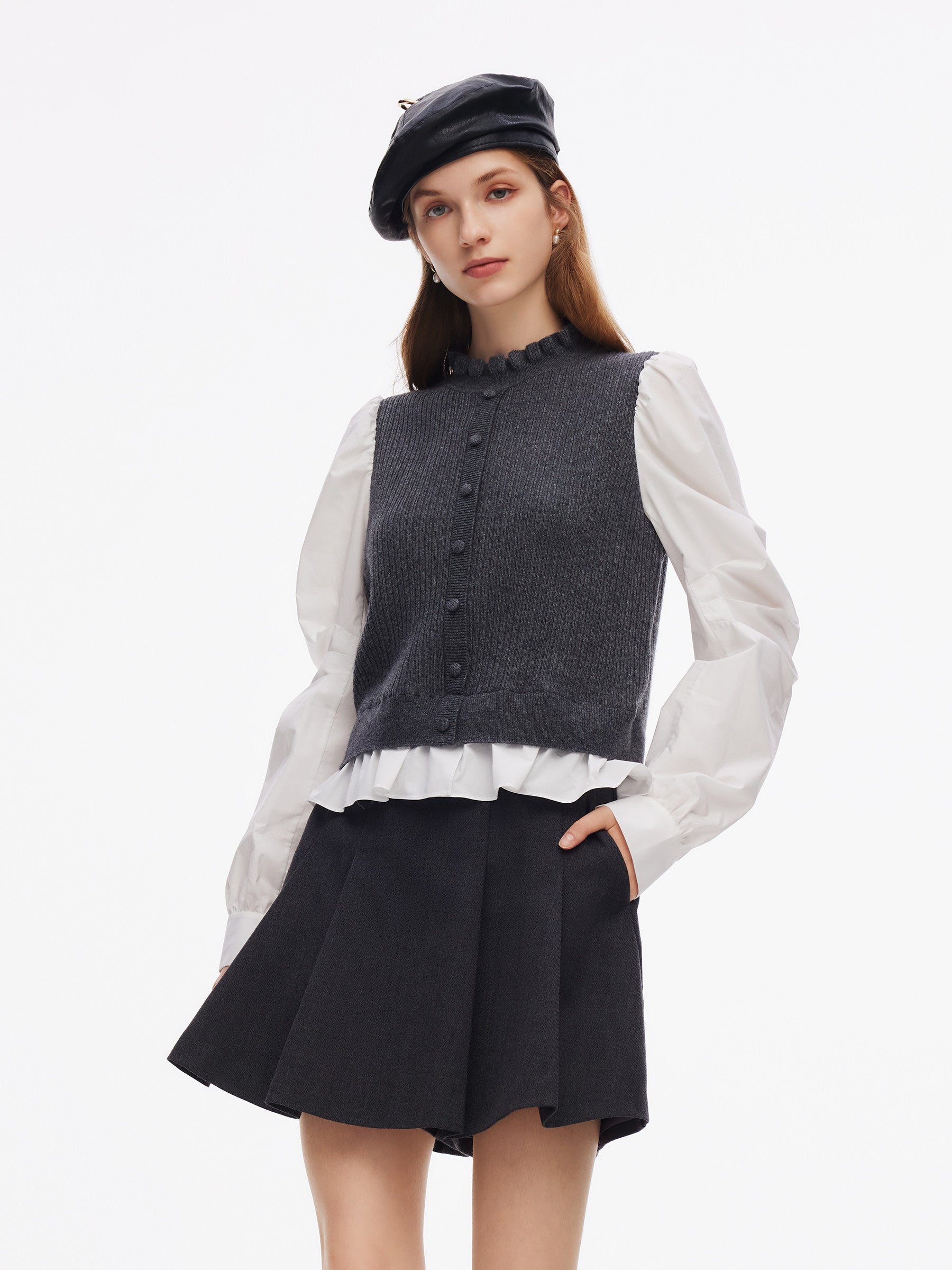 Wool Blend Faux Two-Piece Women Blouse