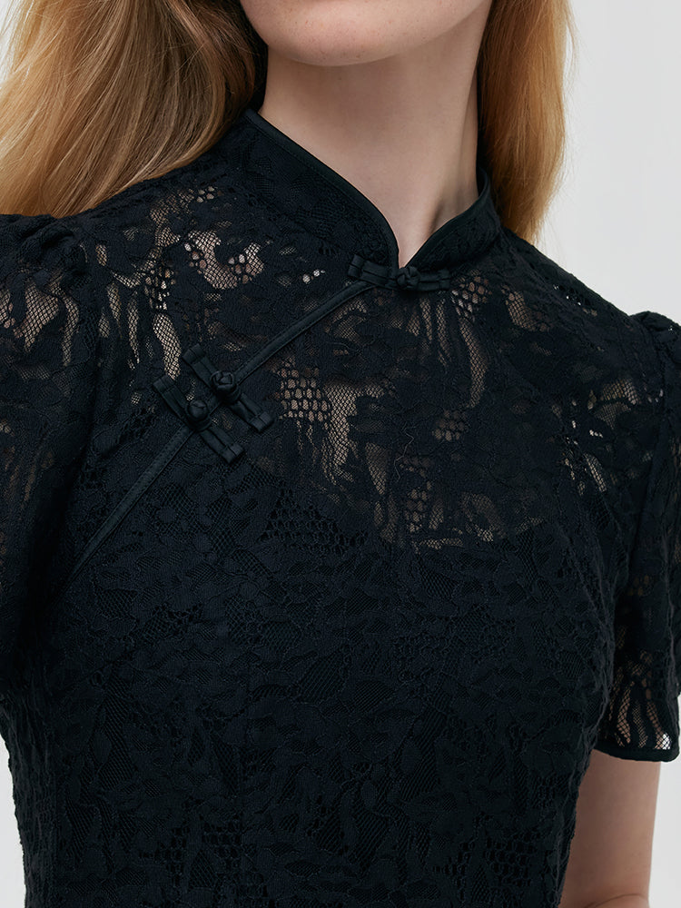 Lace Openwork Women Qipao Mini Dress