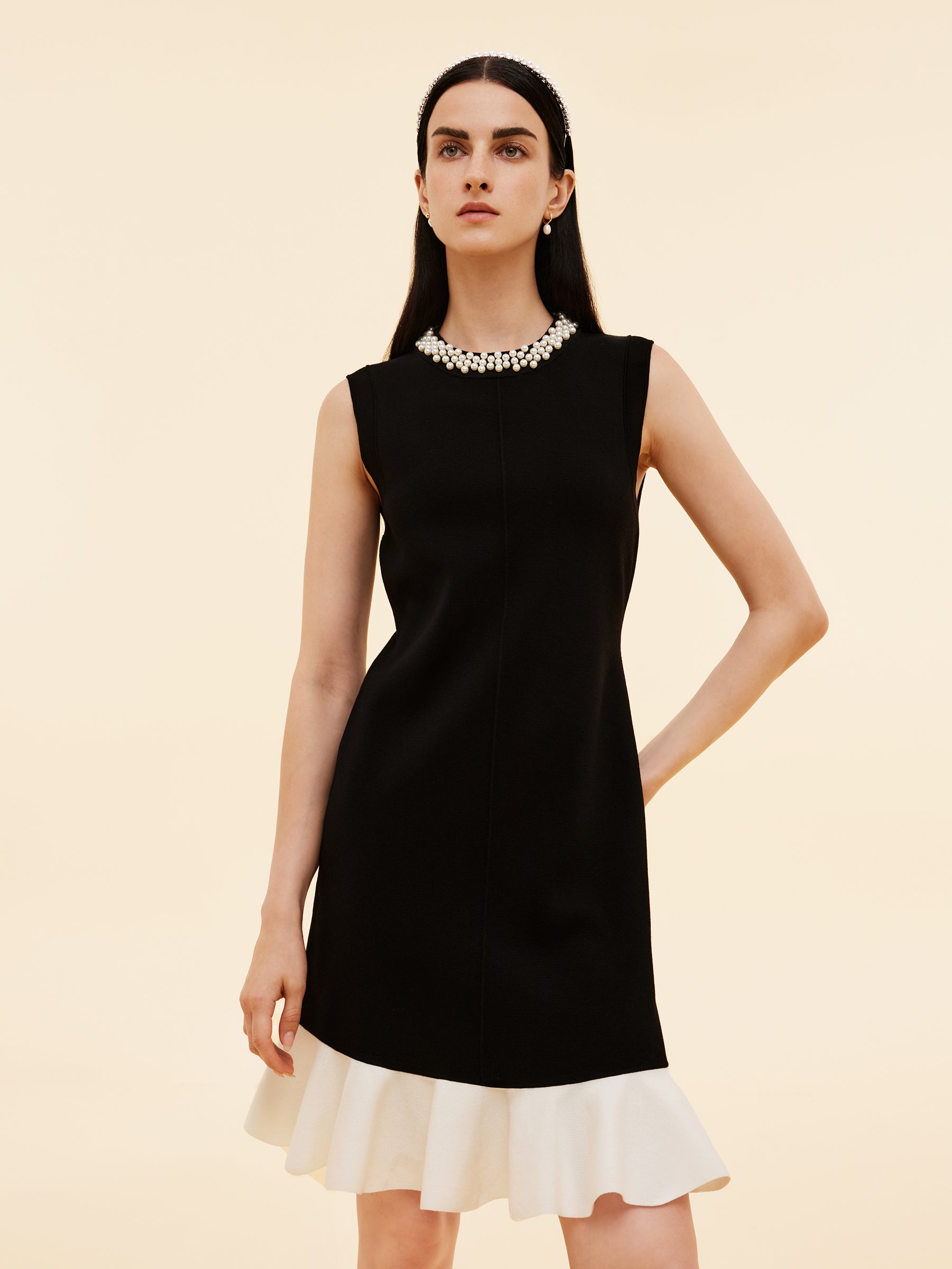 Tencel Blend Beaded Neck Women Sleeveless Knit Mini Dress