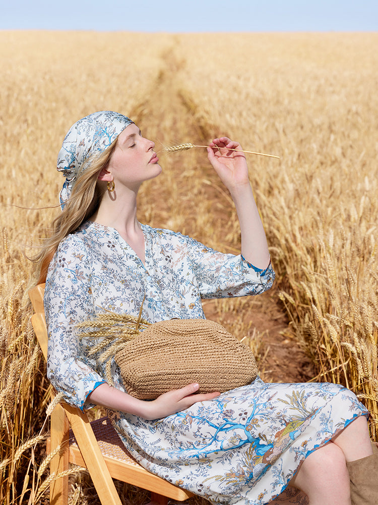 19 Momme Mulberry Silk Print Women Mini Dress With Scrunchie