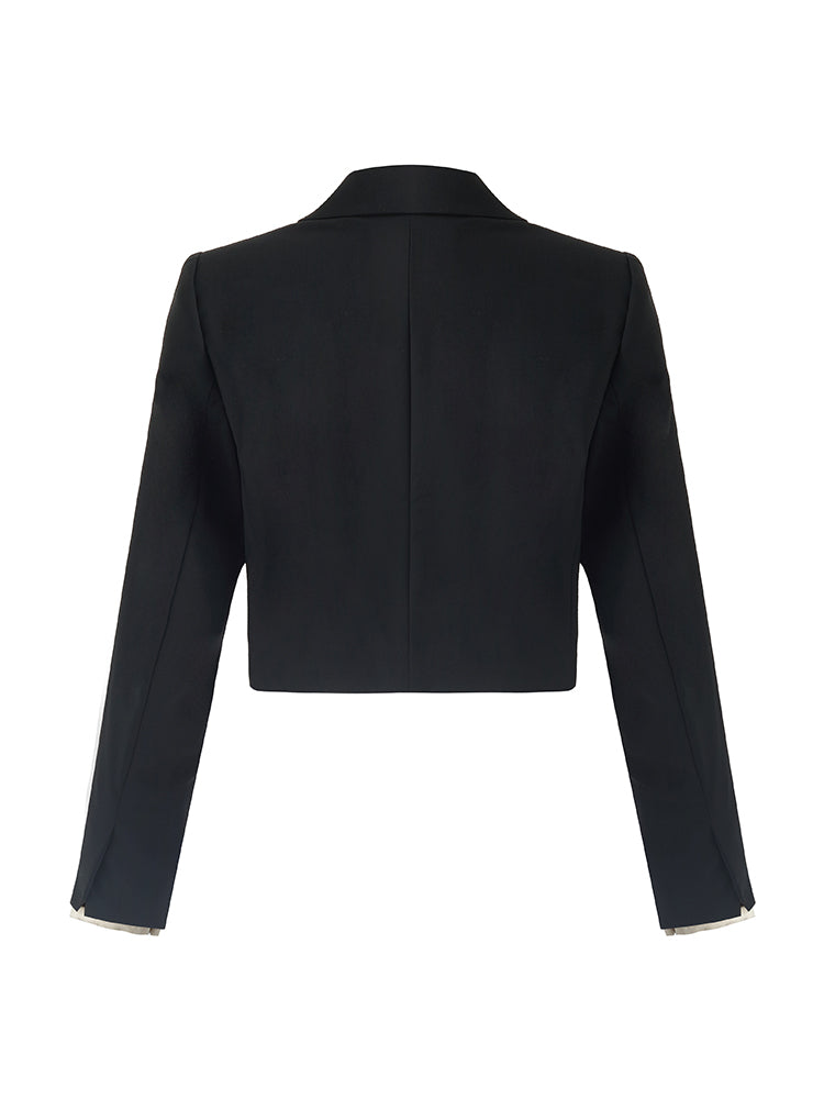 Worsted Woolen Crop Blazer With Detachable Sleeve