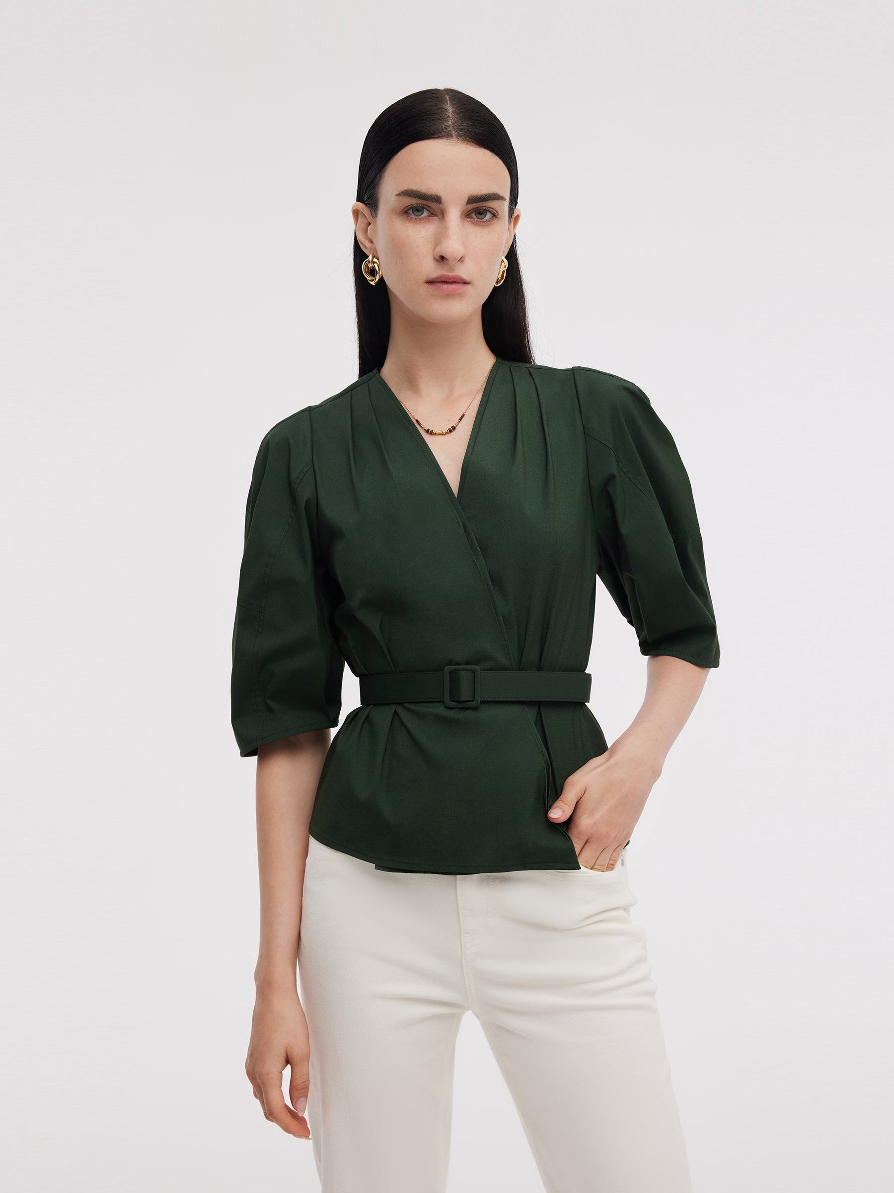 Dark Green V-Neck Women Blouse With Belt