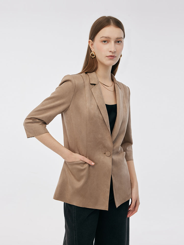Faux Suede One Button 3/4 Sleeve Women Blazer
