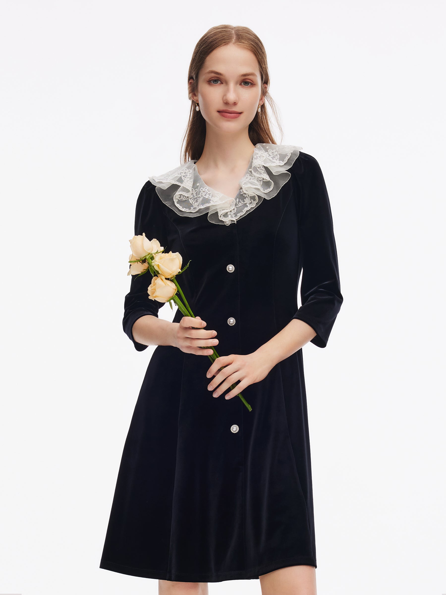 Velvet Patchwork Embroidered Collar Women Mini Dress