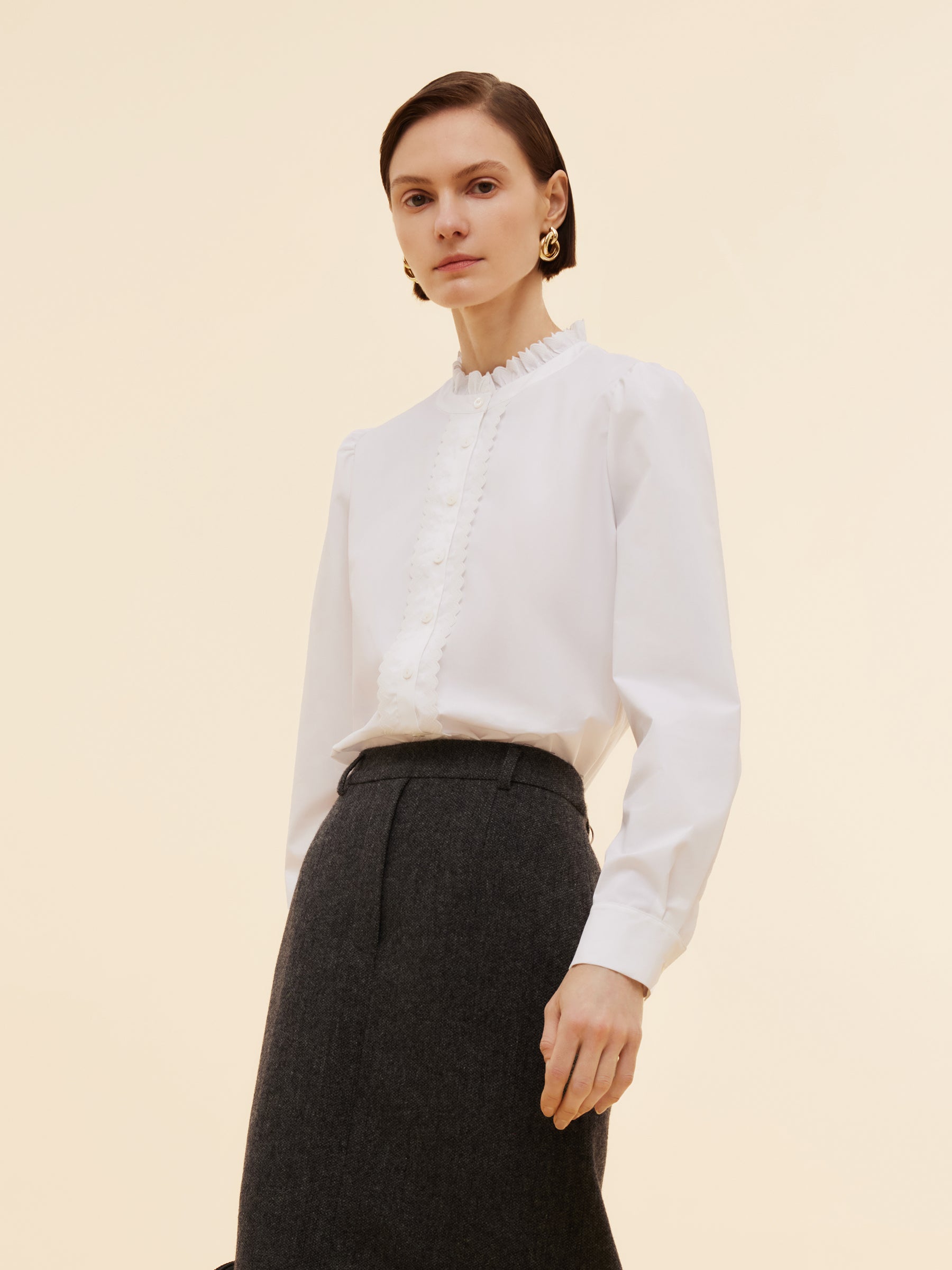 Ruffle Collar Embroidered Placket Women Shirt
