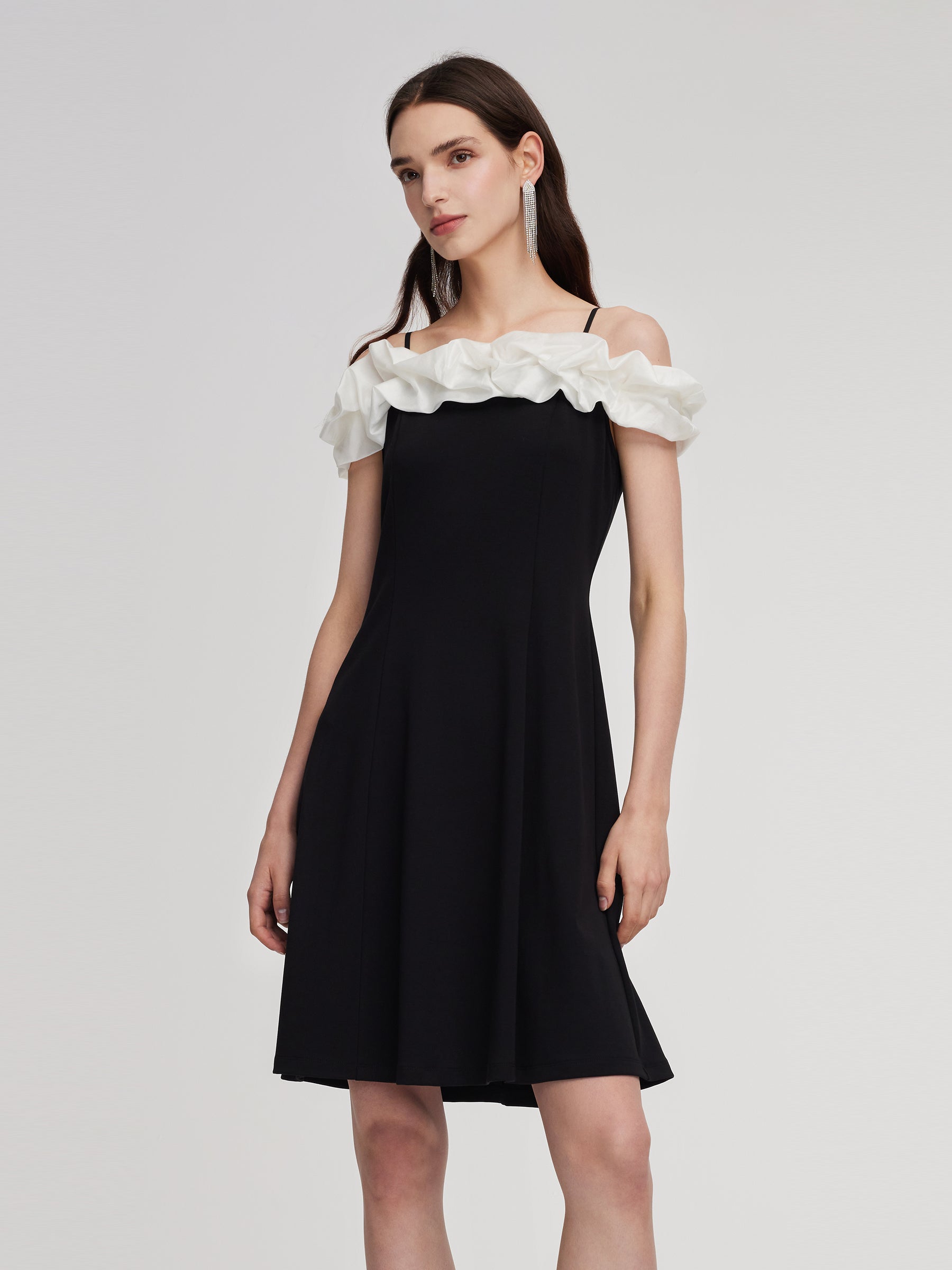 Color Block Ruffle Women Knit Mini Dress With Detachable Straps