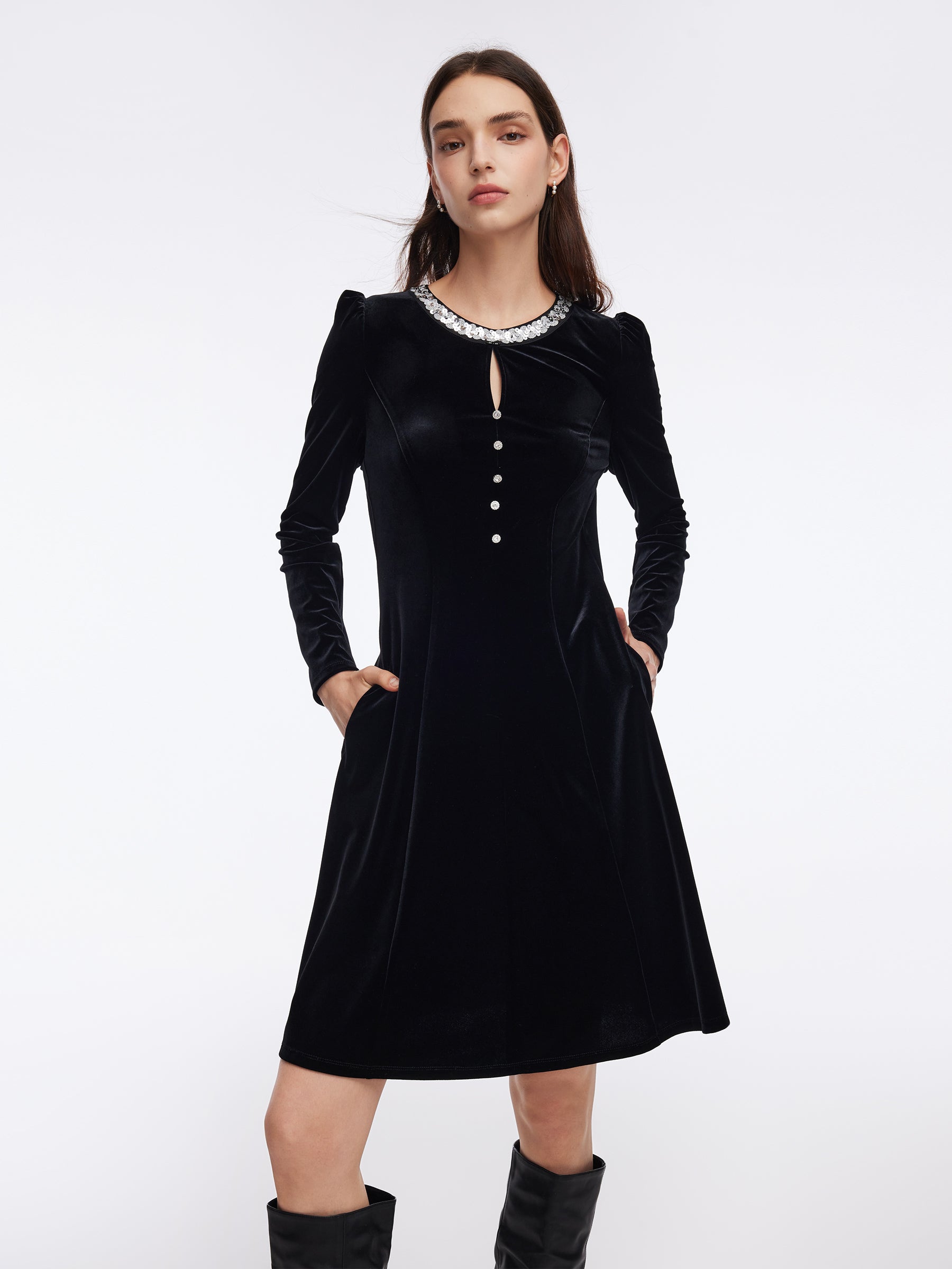 Velvet Sequined Round Neck Women Mini Dress