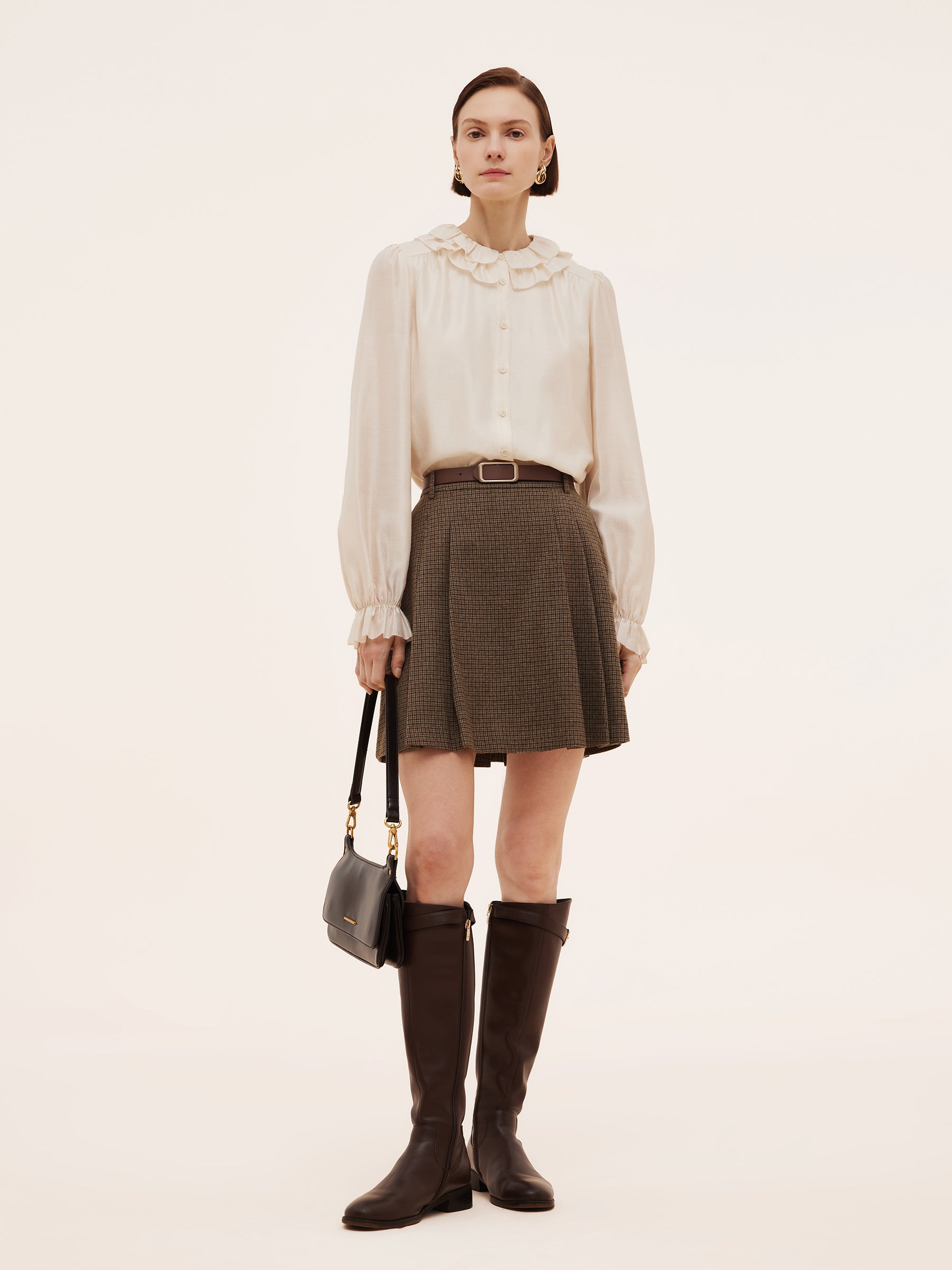 Acetate Modal Blend Ruffle Neckline Women Shirt