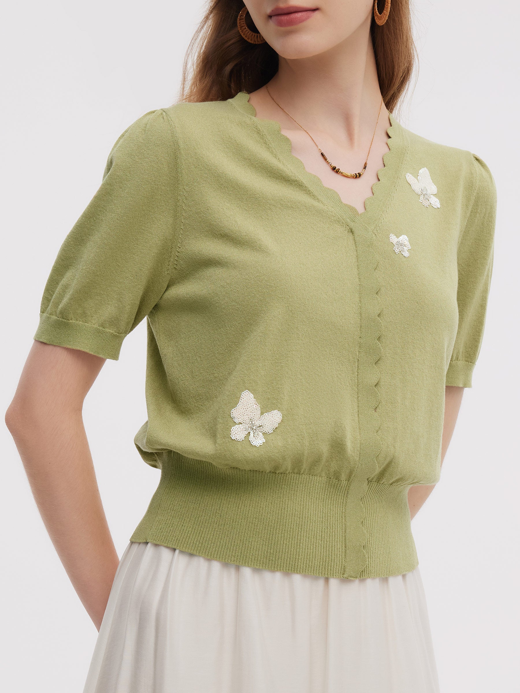 Tencel Blend Butterfly Embroidered Women Knit Top