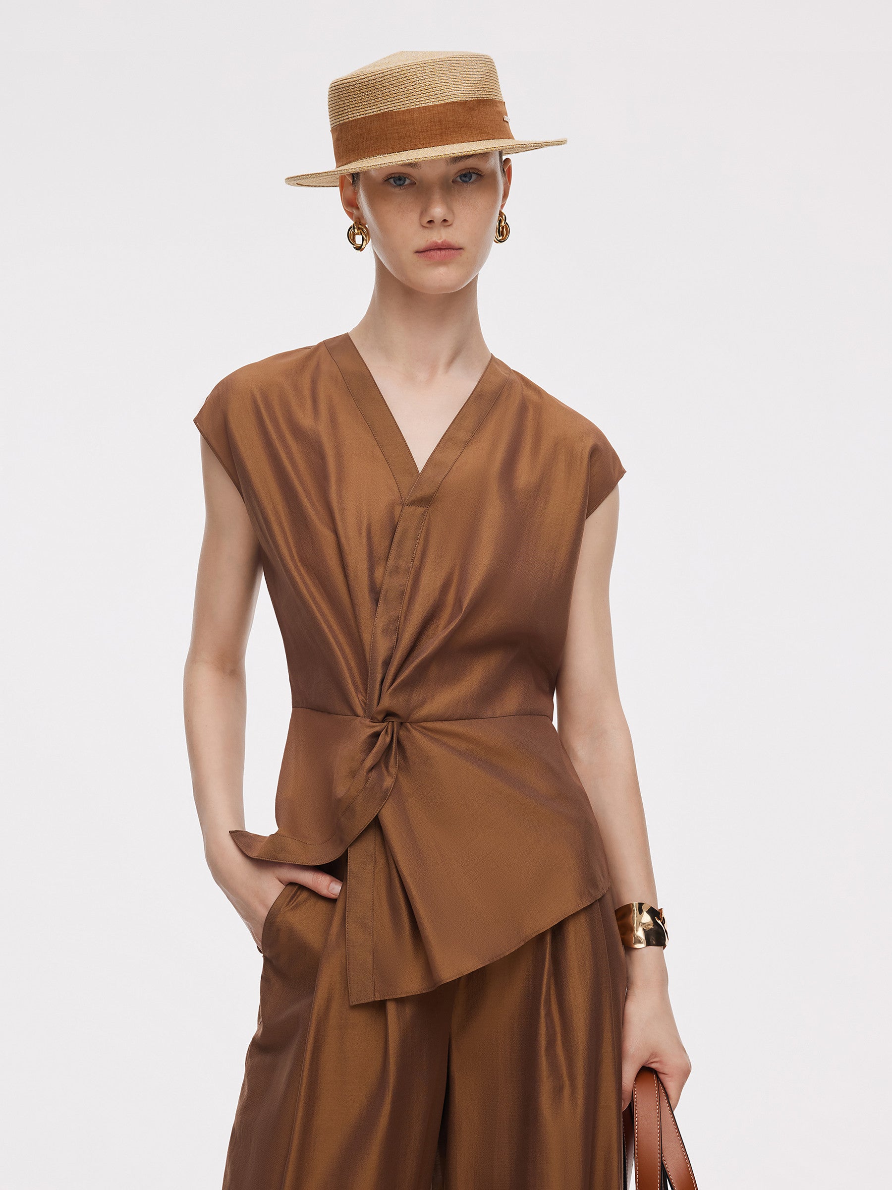 Acetate Modal Blend Twist Front Women Asymmetrical Top