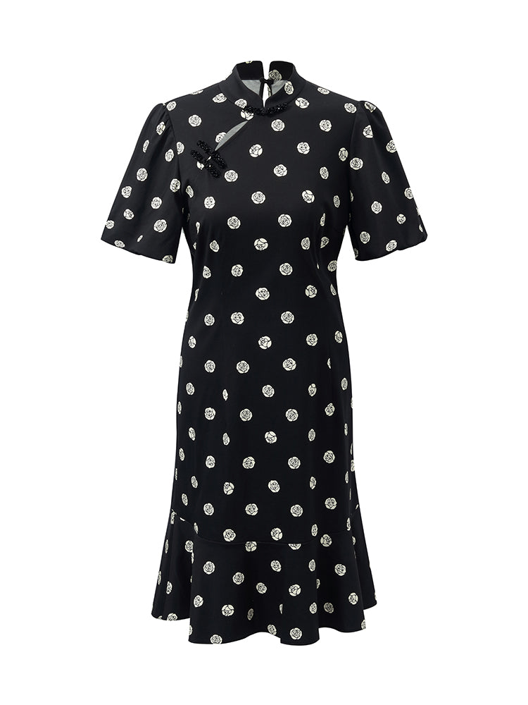 Rose Print Puff Sleeves Women Qipao Mini Dress