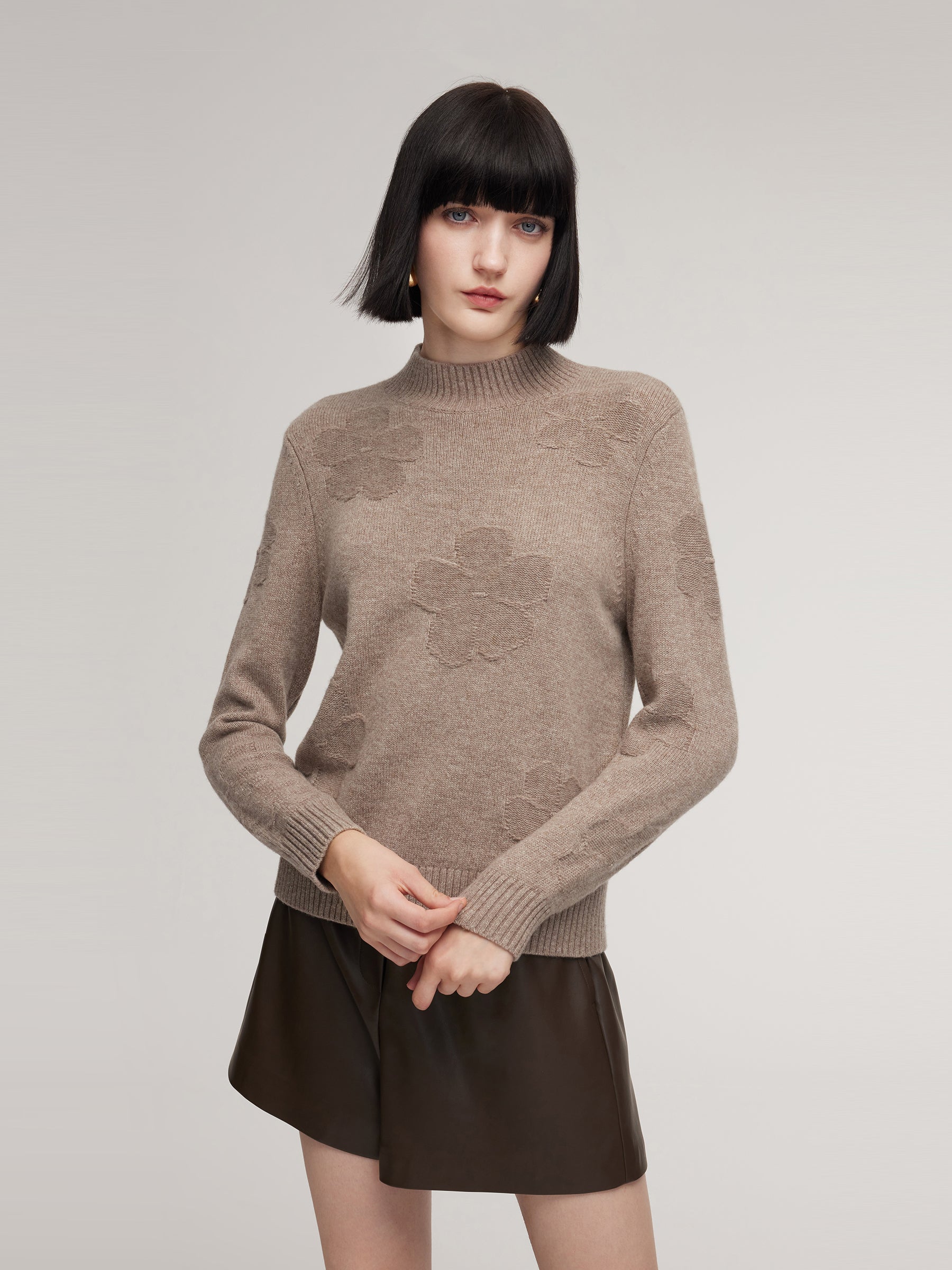Wool Jacquard Mock Neck Women Knit Top