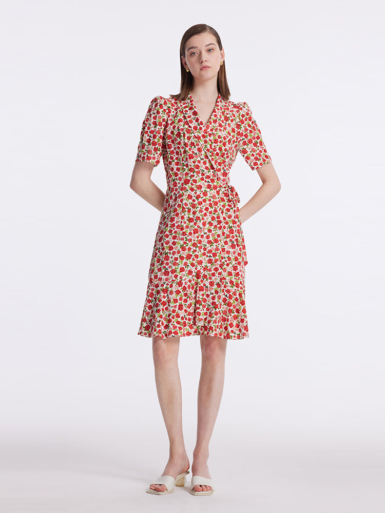 Rose Print Wrapped Ruffle Women Mini Dress
