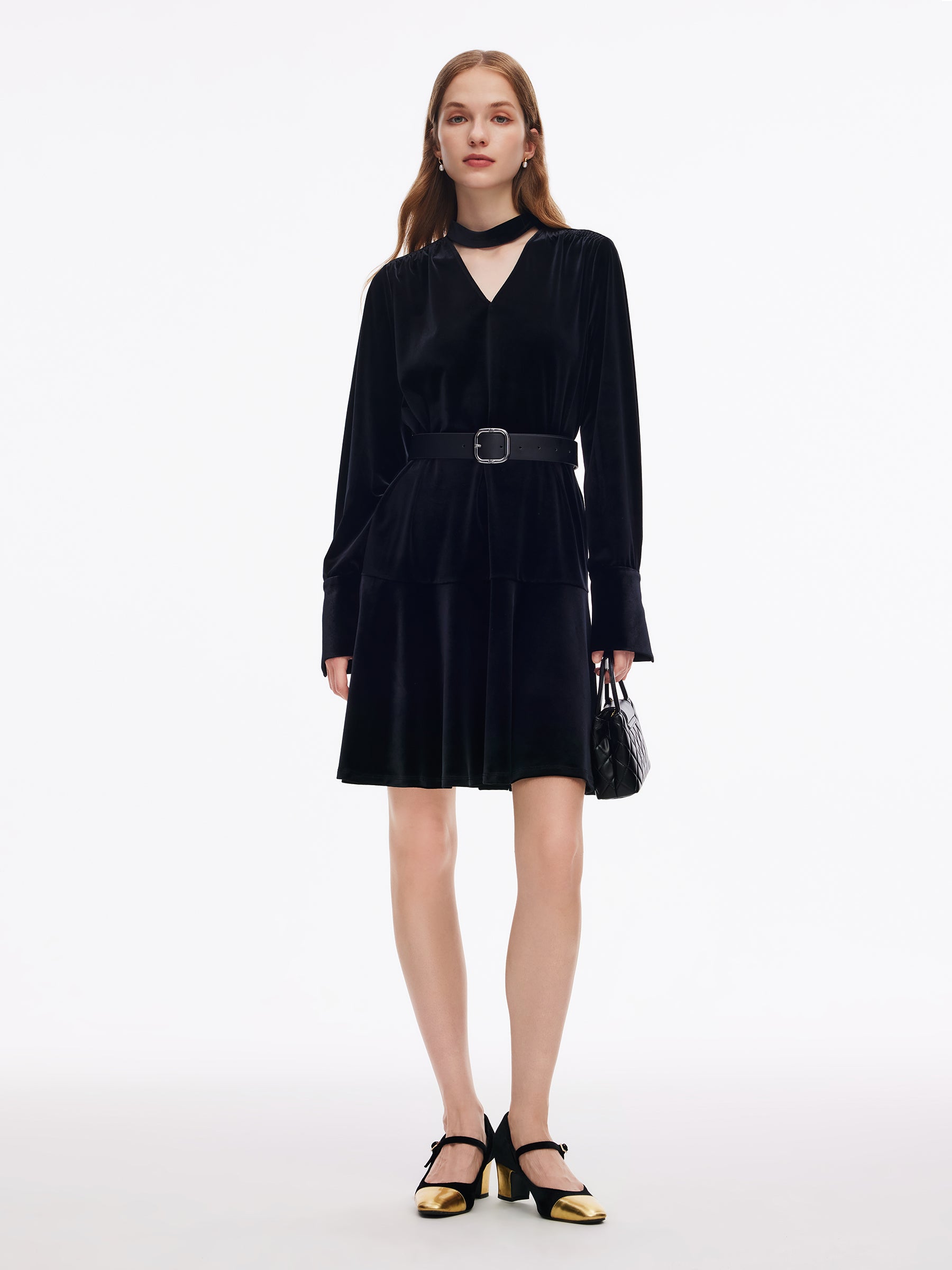 Velvet Ribbon V-Neck Ruffle Hem Women Mini Dress