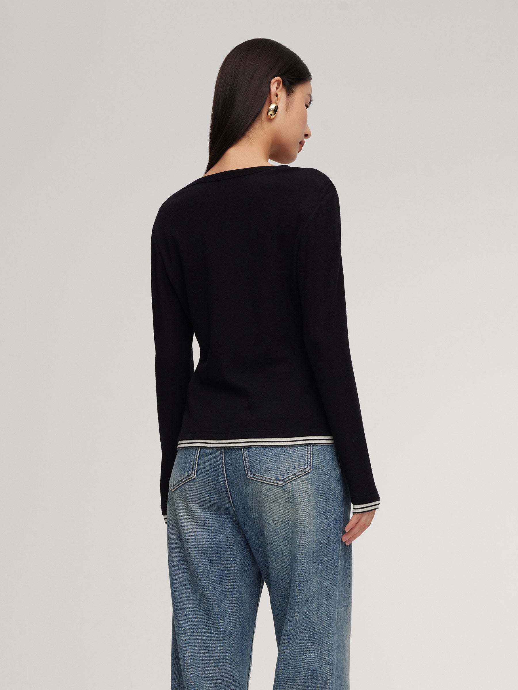 100% Wool Faux Two-Piece Women Knit Top