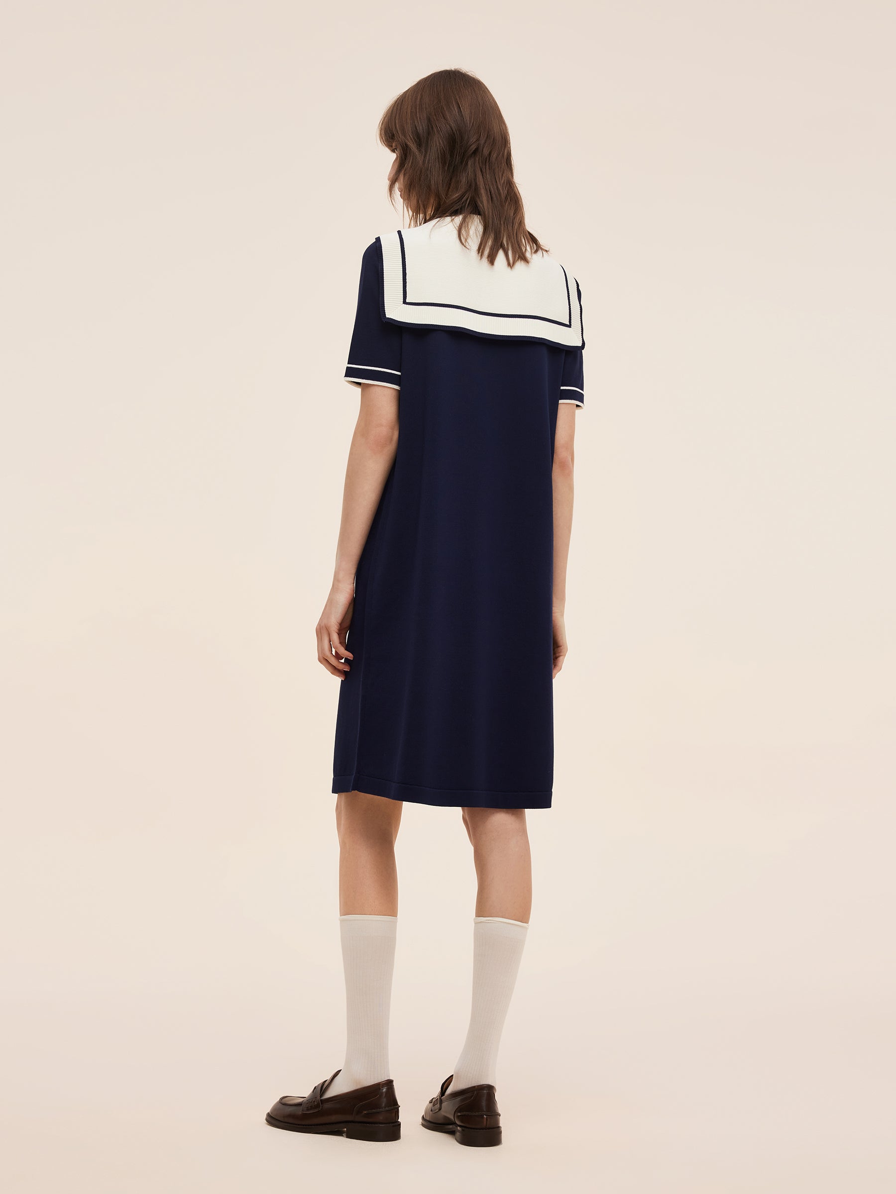 Tencel Blend Women Knit Mini Dress With Detachable Sailor Collar