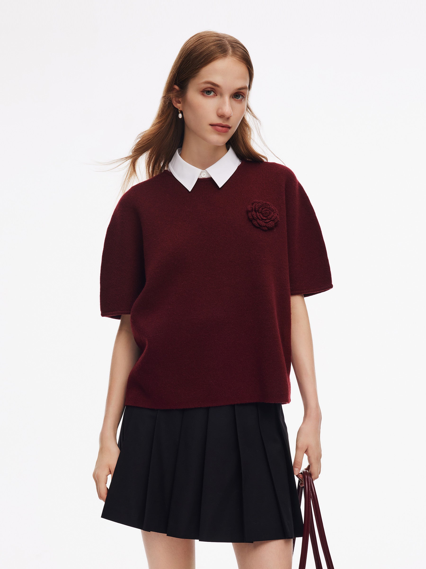 Wool Blend Women Knit Top With Detachable Brooch