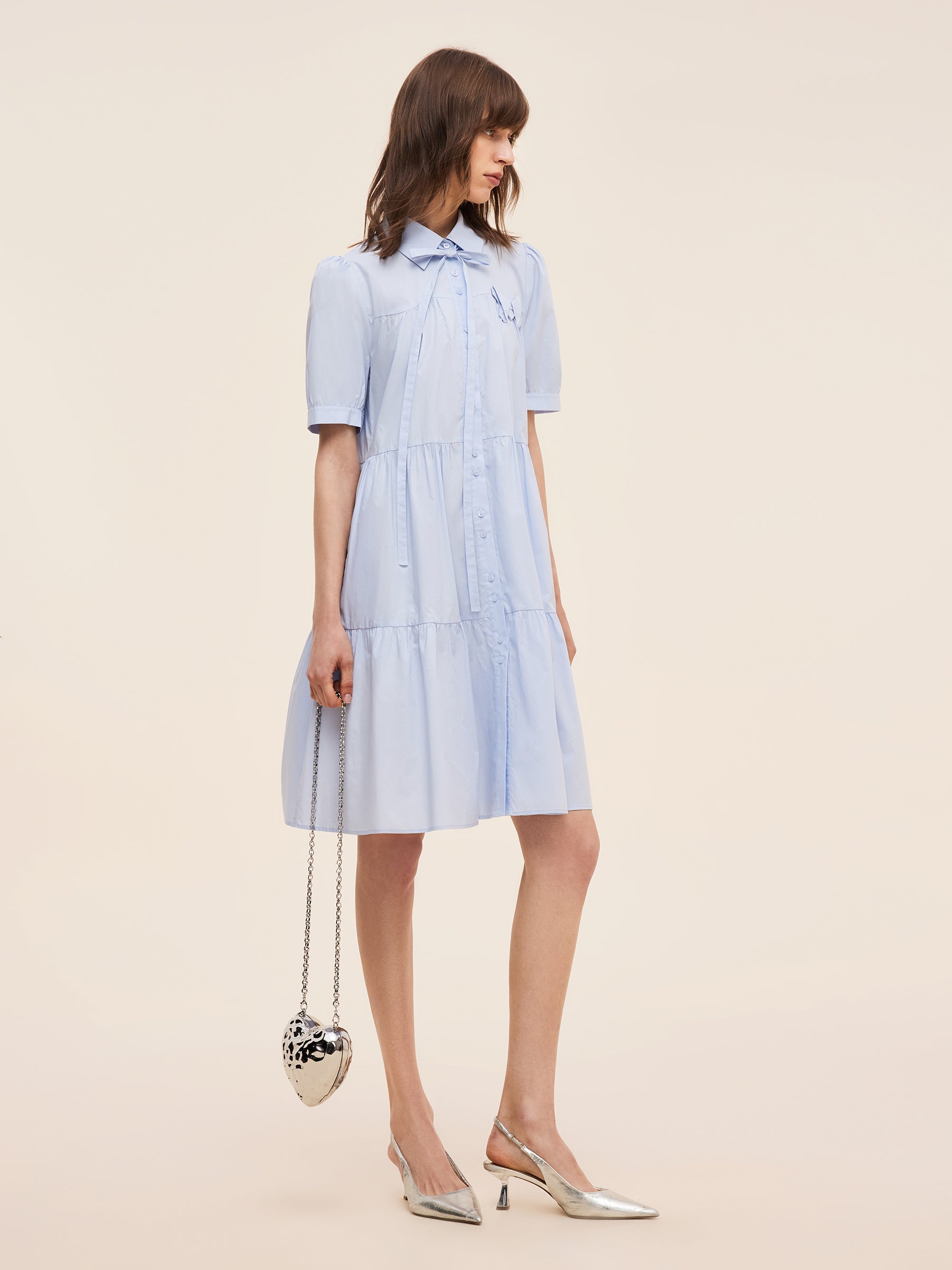 100% Cotton Women Puff Sleeve Mini Dress With Ribbon