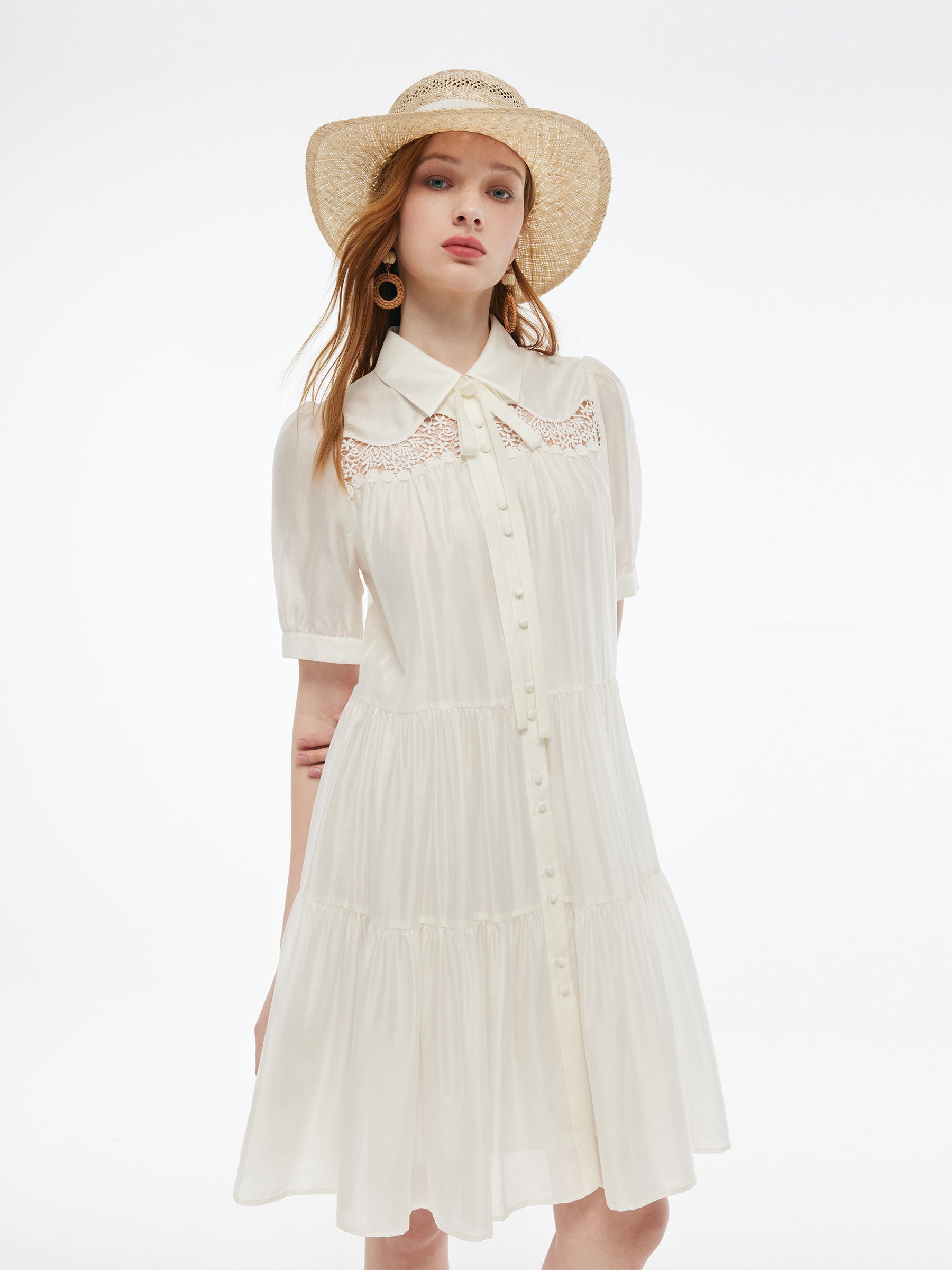 Tencel Blend Women Tiered Mini Dress With Ribbon