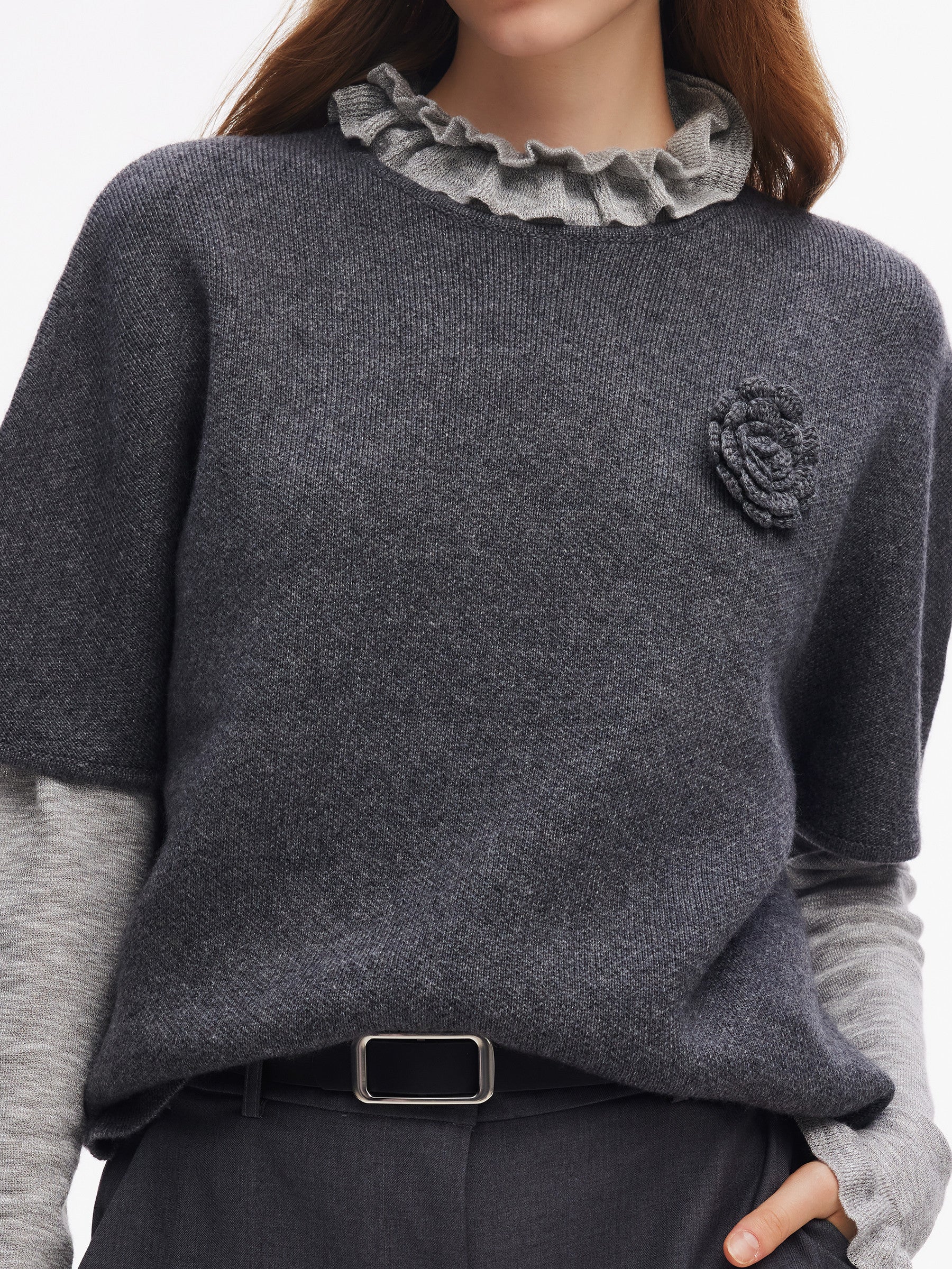 Wool Blend Women Knit Top With Detachable Brooch