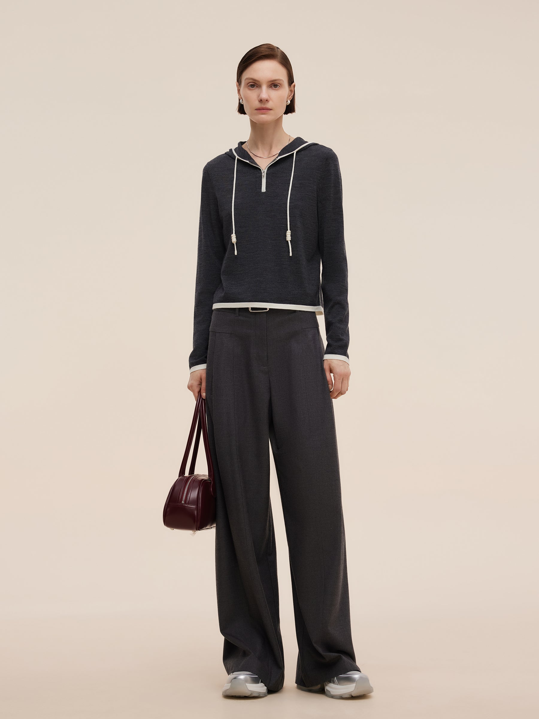 Wool Blend Half-Zip Contrast Trim Women Hoodie