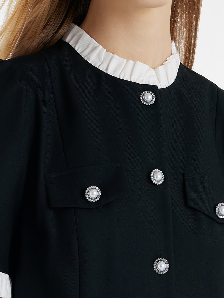 Ruffle Trim Pearl Buttons Women Mini Dress