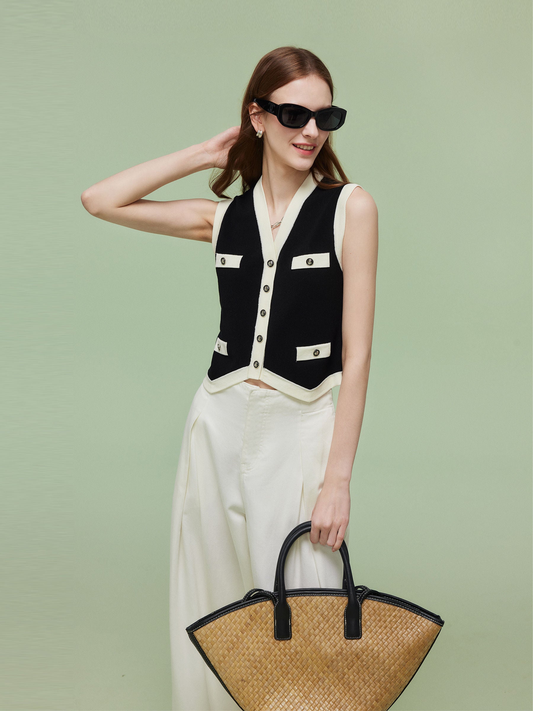 Tencel Blend Contrast Trim Women Knit Vest