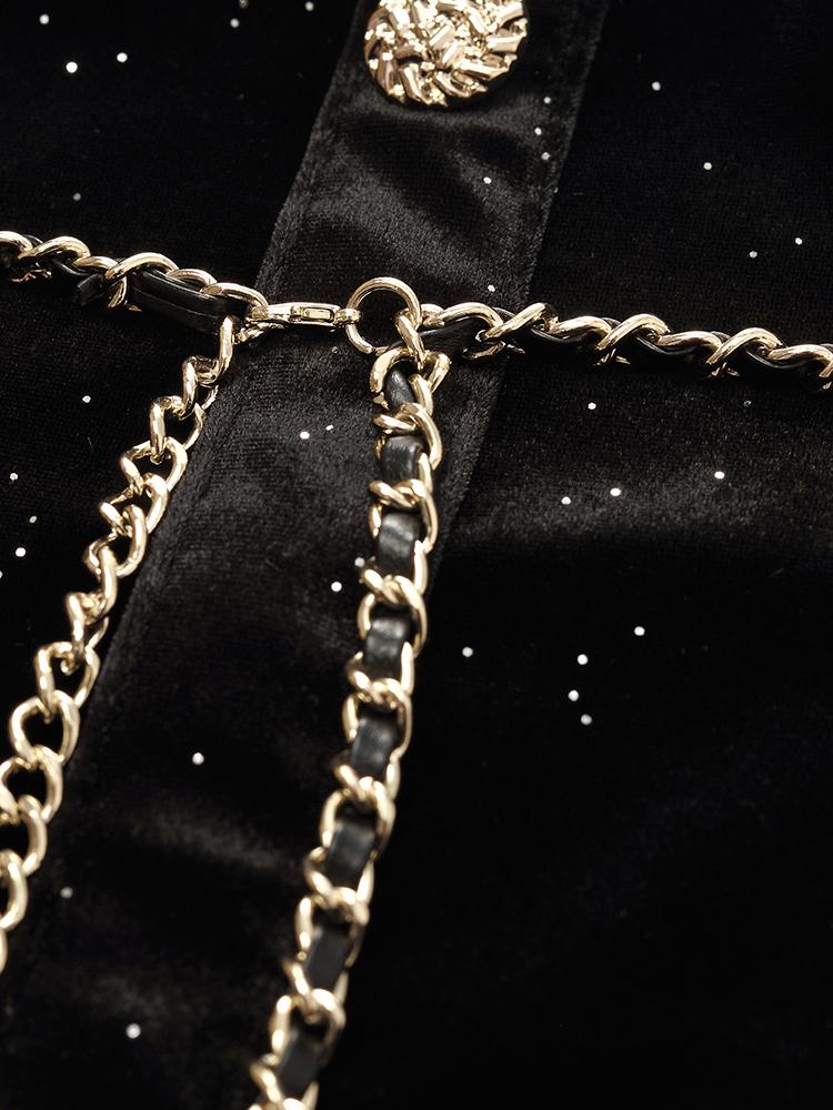 Velvet V-Neck Women Dress With Chain Belt