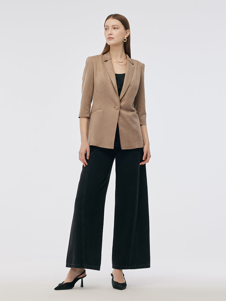 Faux Suede One Button 3/4 Sleeve Women Blazer