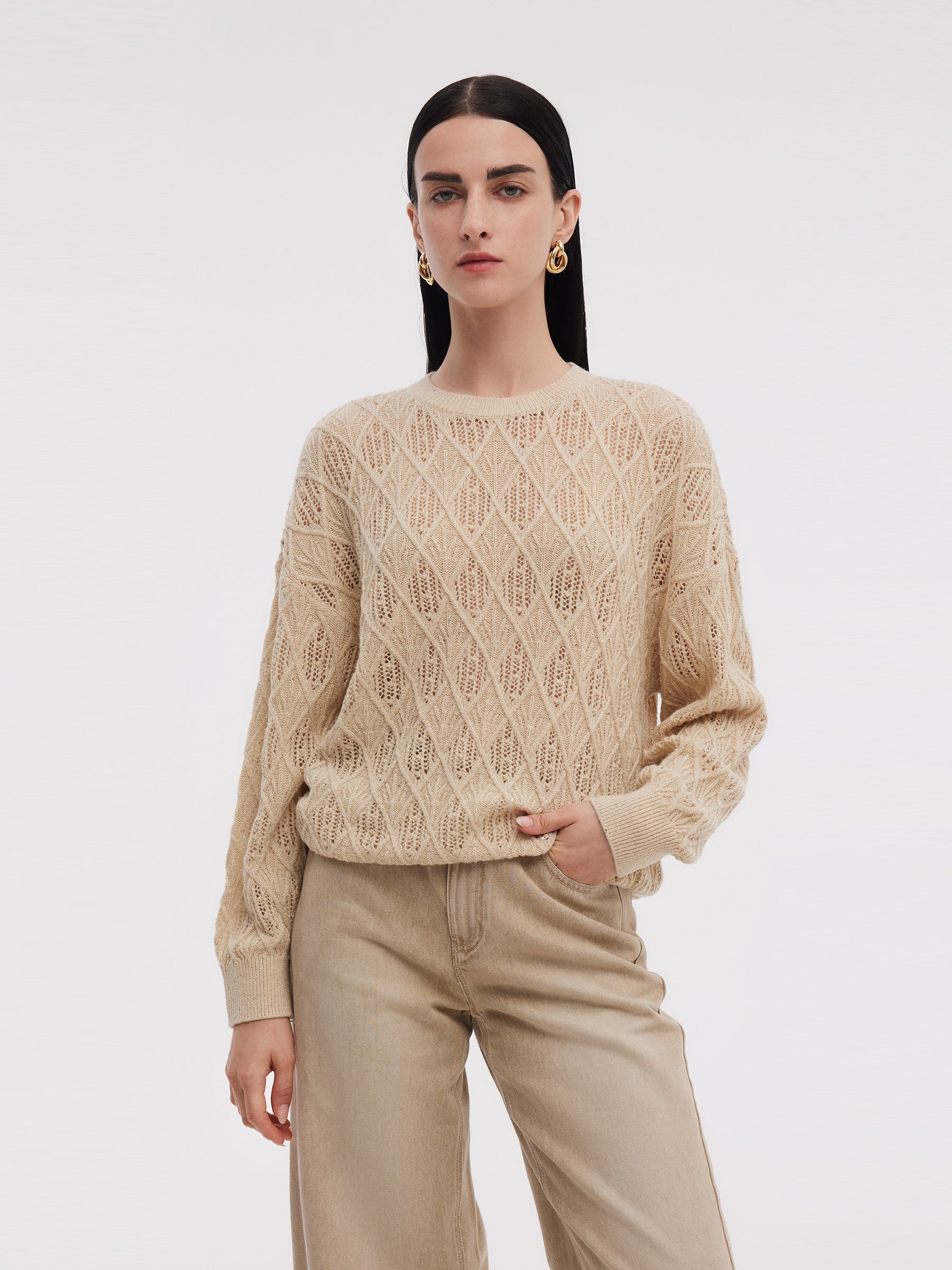 Wool Blend Sequins Women Openwork Sweater