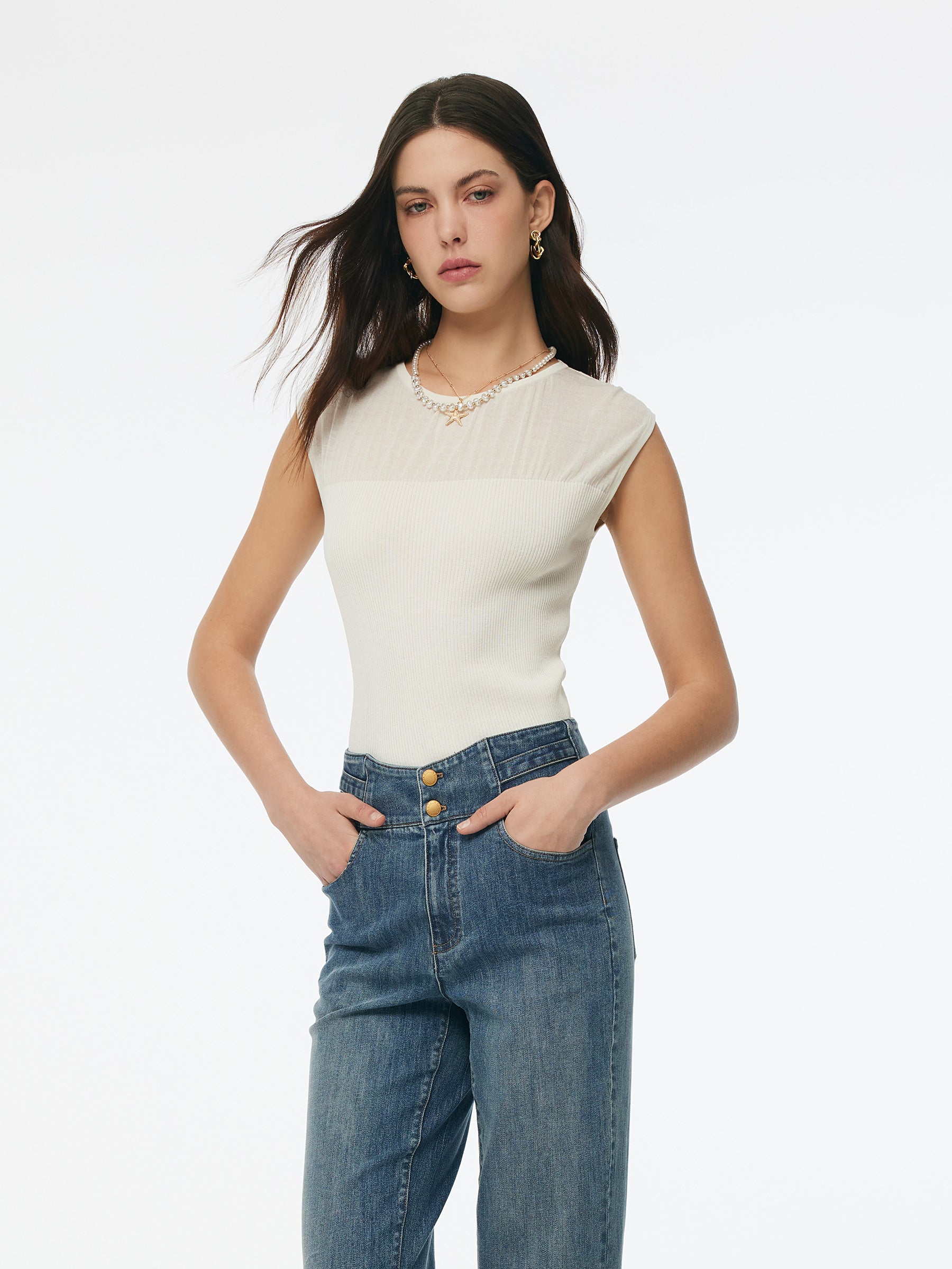 Round Neck Women Patchwork Knit Tank Top