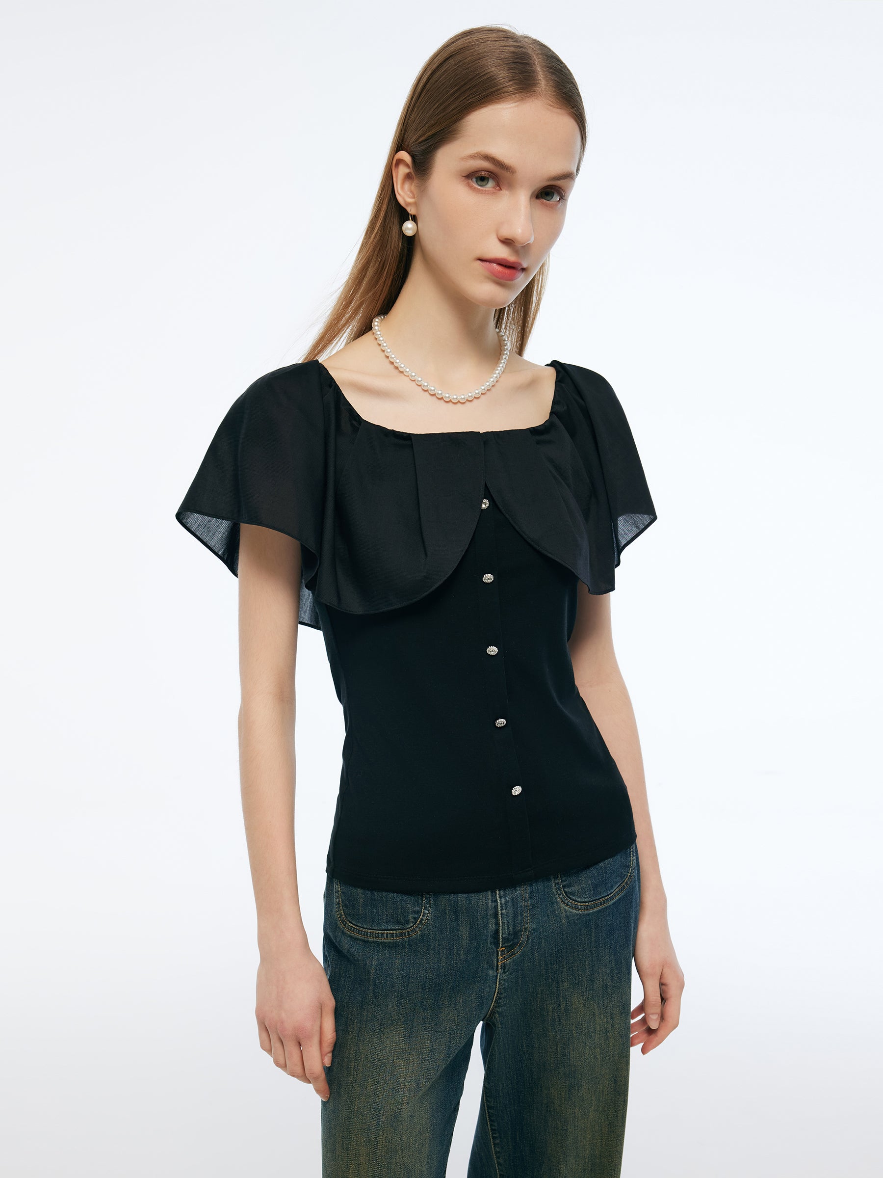 Tencel Blend Convertible Neckline Women Ruffled Top