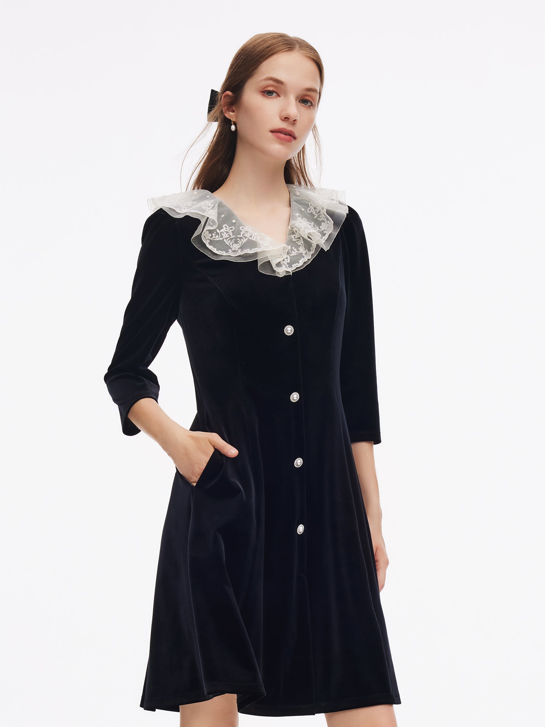Velvet Patchwork Embroidered Collar Women Mini Dress