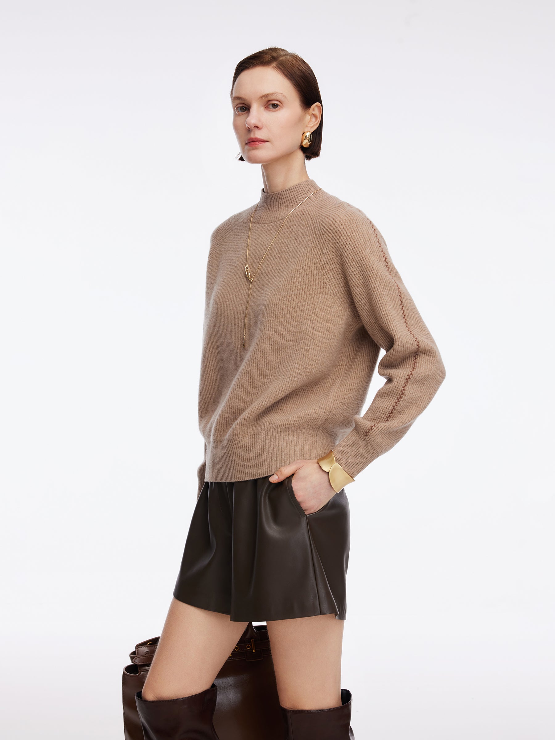 100% Wool Stitch Trim Women Knit Top