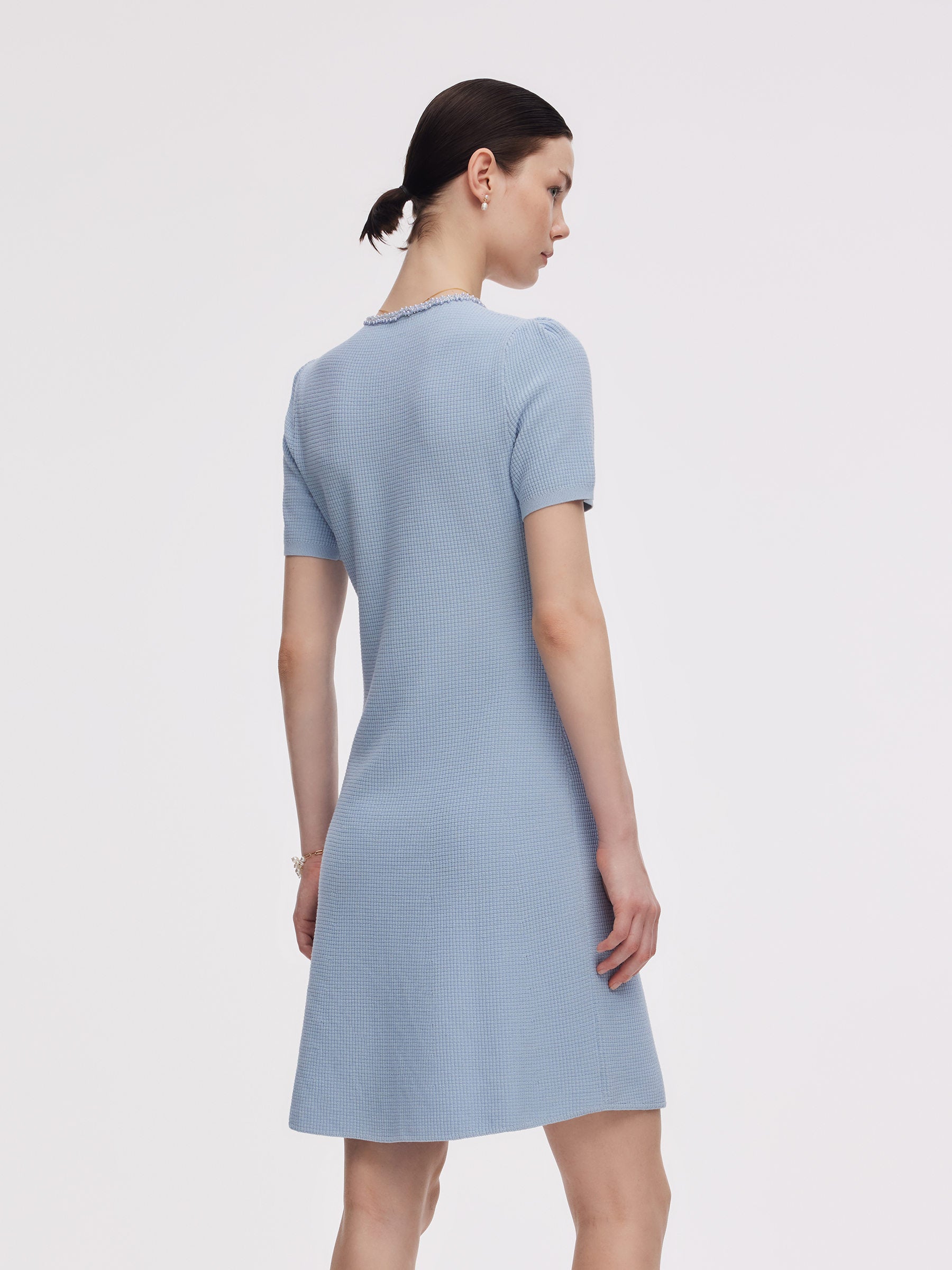 100% Cotton Half-Zip Women Beaded Round Neck Mini Dress