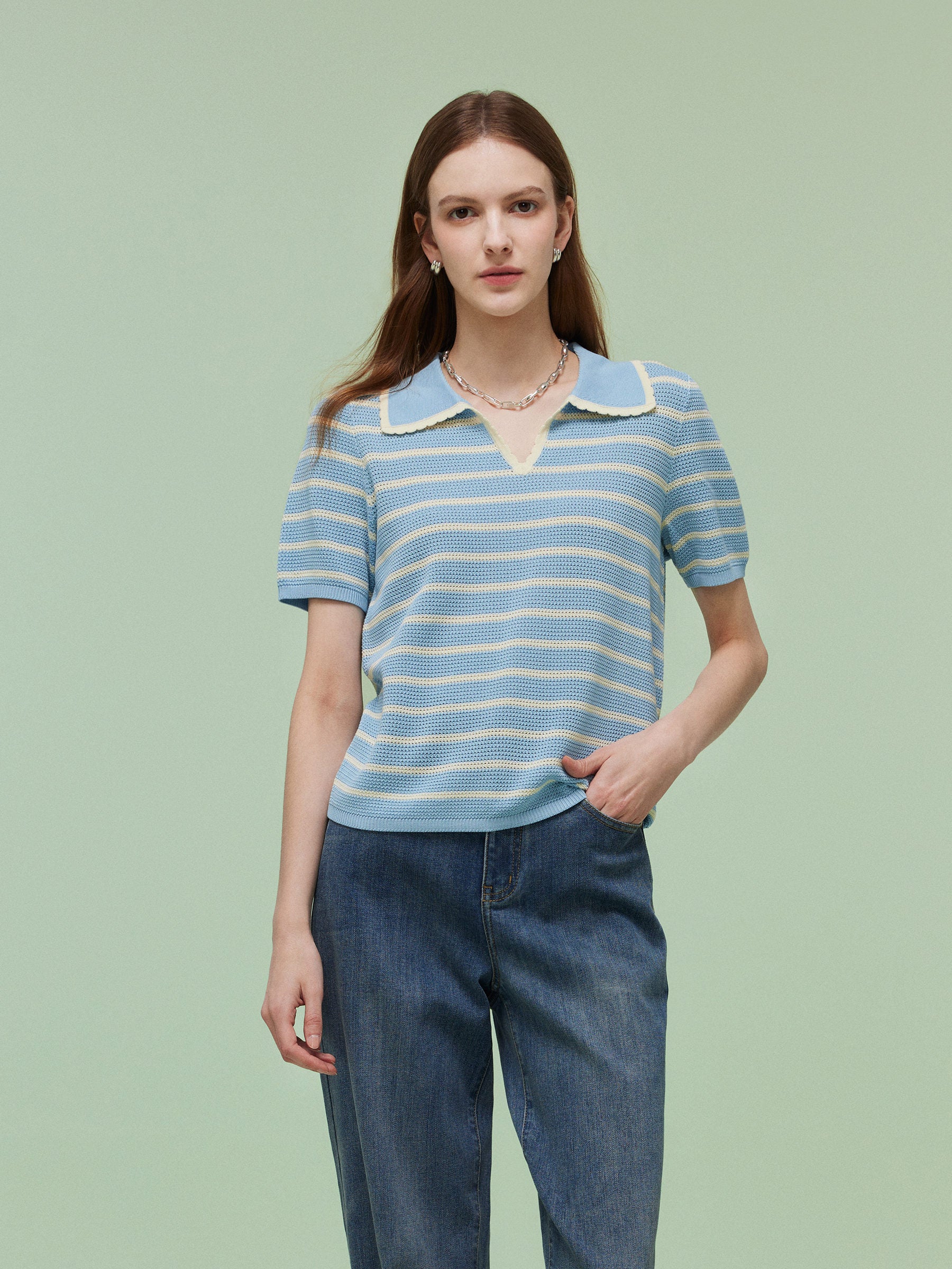 Tencel Blend Stripe Women Knit Top