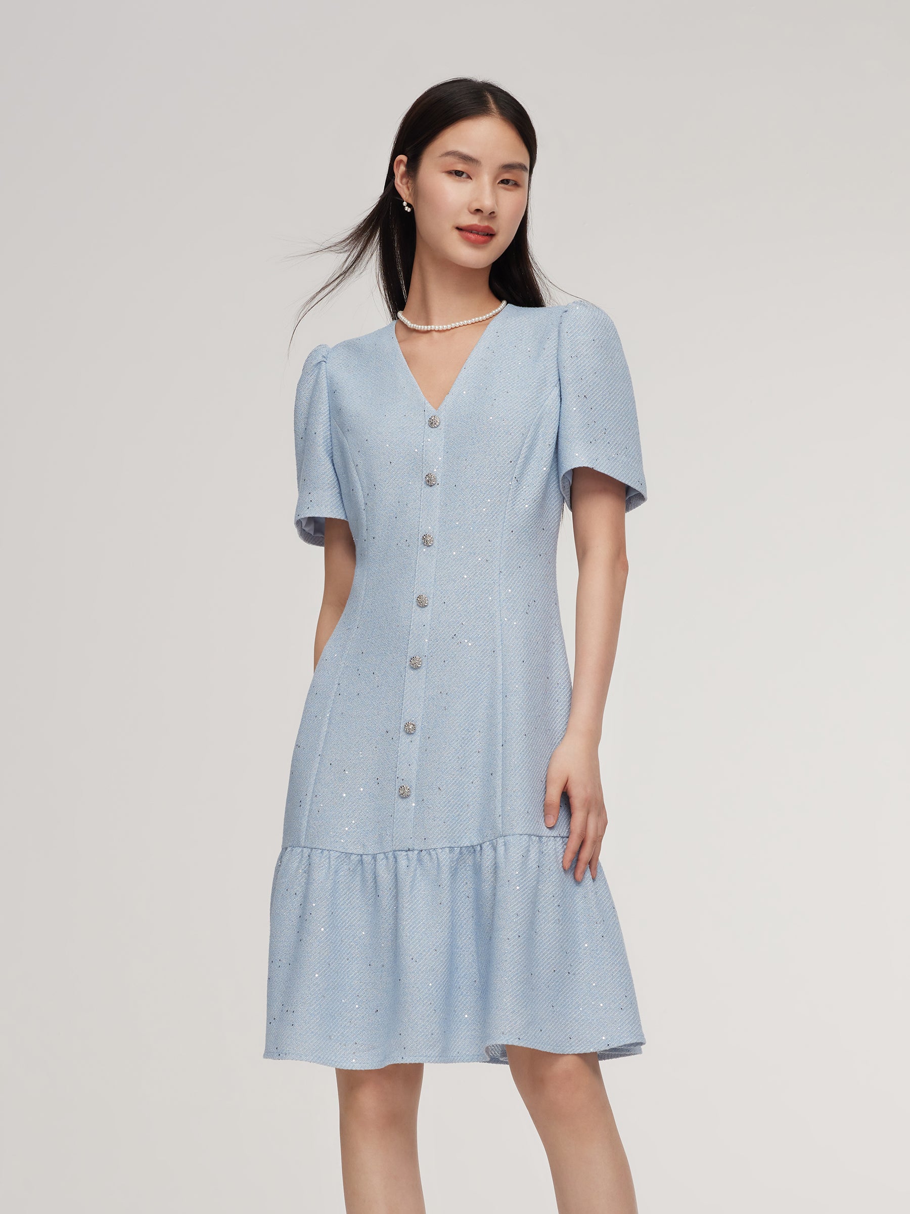 Acetate Blend Tweed Sequins Women Mini Dress