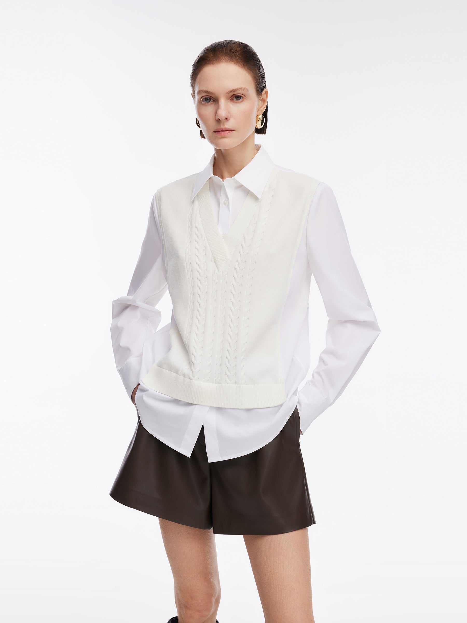 Lyocell Blend Faux Two-Piece Women Patchwork Shirt